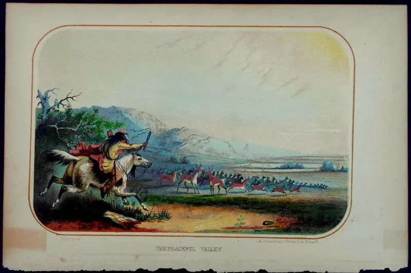 1854 Alfred Jacob Miller: The Peaceful Valley (Antelope Hunt) Chromolithograph. Lithography by Max Rosenthal after Miller's original work. - image 3