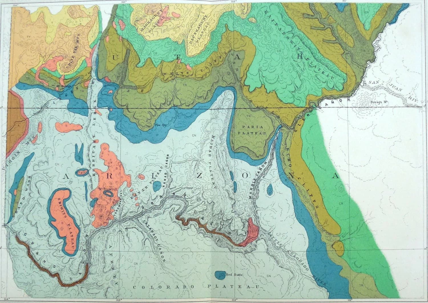1882 Grand Canon (Canyon) Platform Antique Map, and Surrounding Mesozoic Formations. Original Lithograph. Clarence Dutton Report.