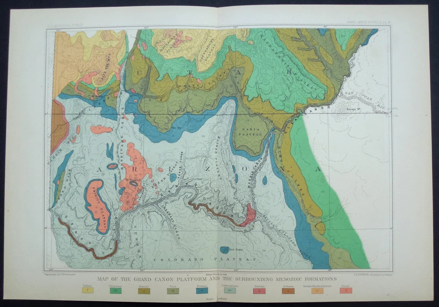 1882 Grand Canon (Canyon) Platform Antique Map, and Surrounding Mesozoic Formations. Original Lithograph. Clarence Dutton Report. - image 3