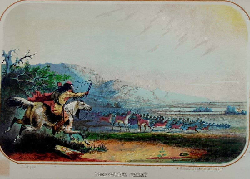 1854 Alfred Jacob Miller: The Peaceful Valley (Antelope Hunt) Chromolithograph. Lithography by Max Rosenthal after Miller's original work.