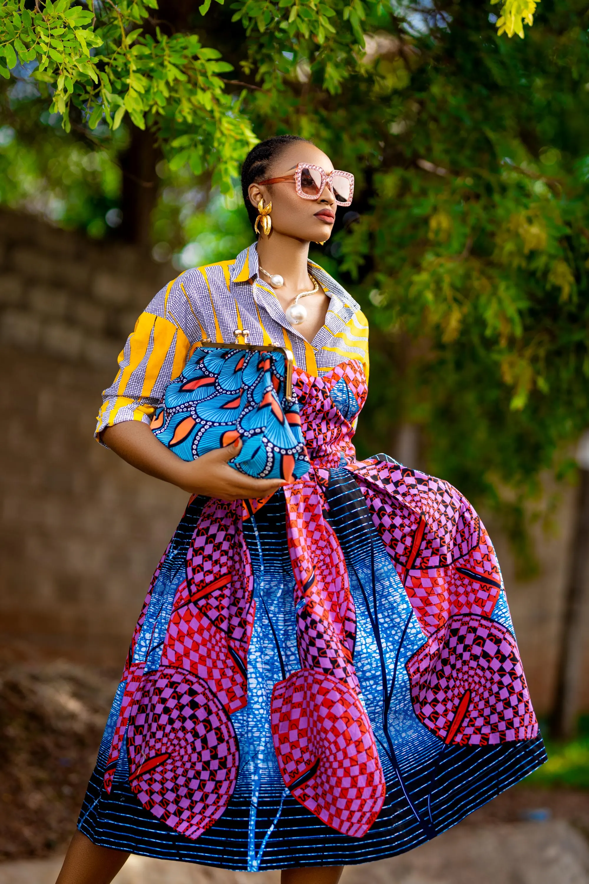 Lulu Blue Pink Ankara African Print Oversized Clutch Bag & Matching Head Scarf - image 4
