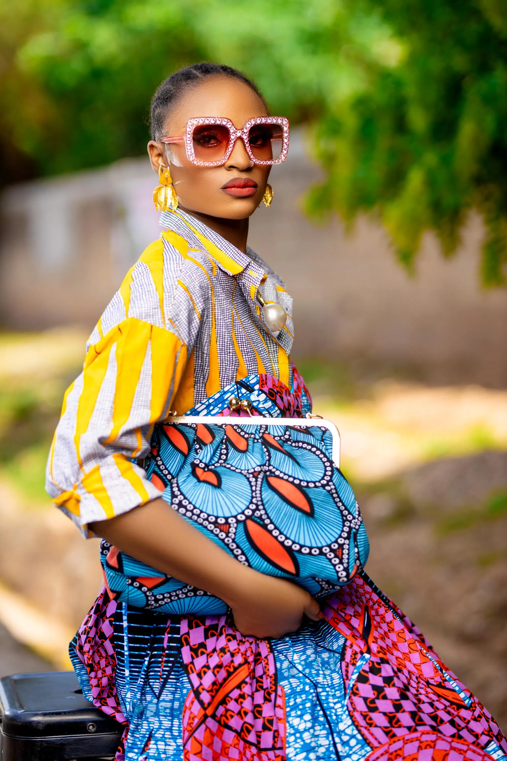 Lulu Blue Pink Ankara African Print Oversized Clutch Bag & Matching Head Scarf