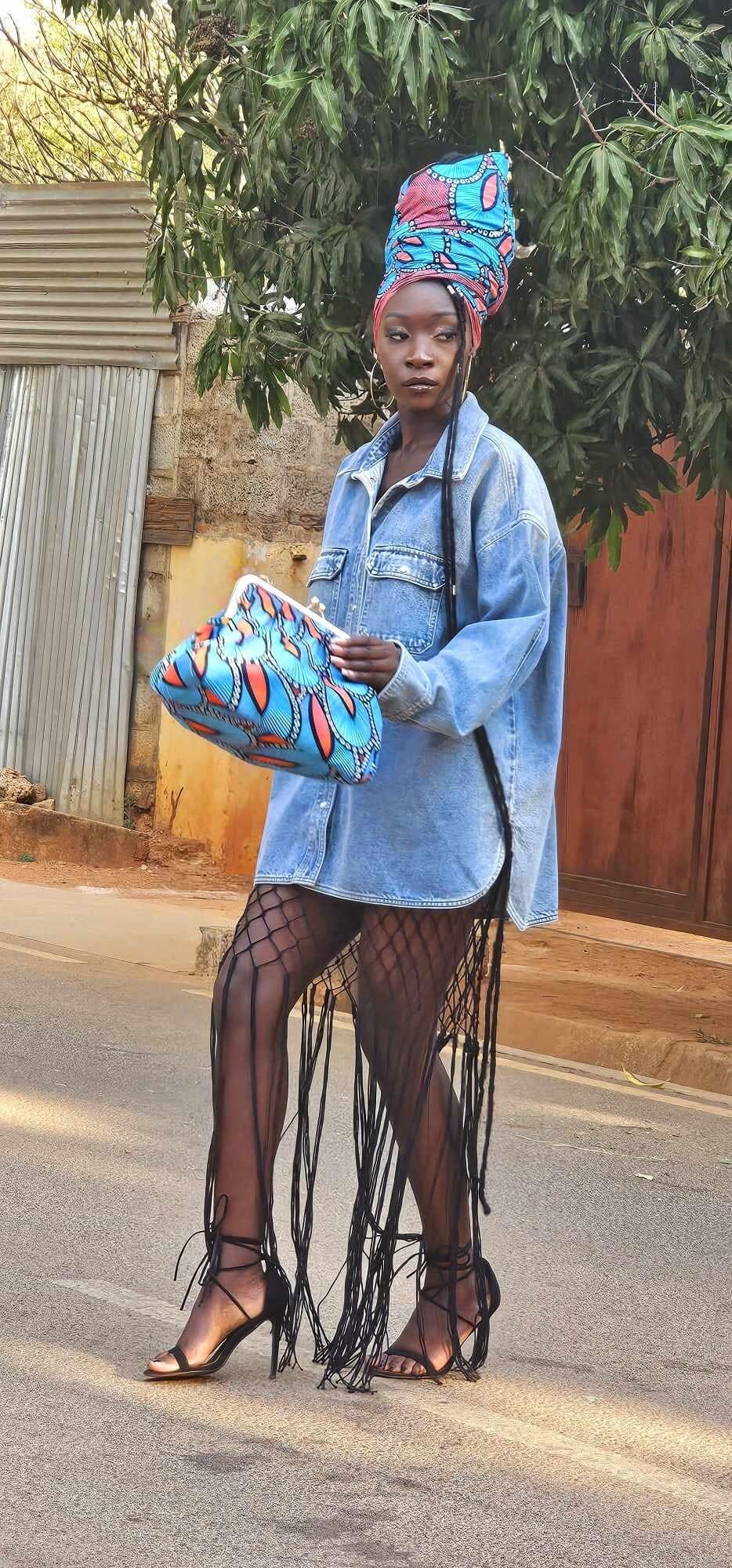 Lulu Blue Pink Ankara African Print Oversized Clutch Bag & Matching Head Scarf - image 3