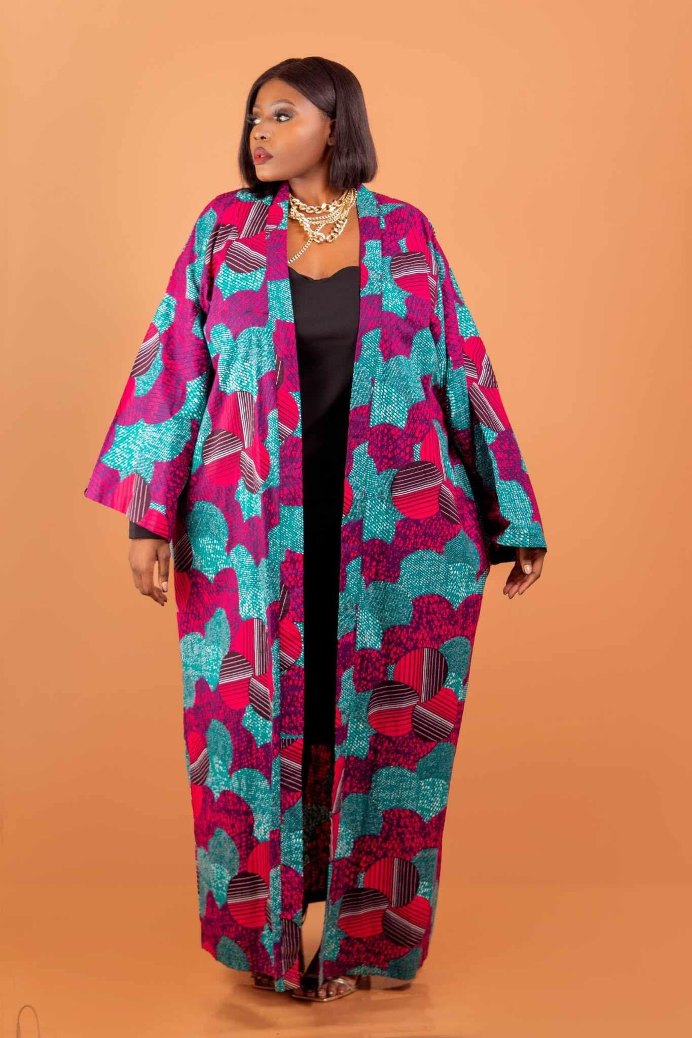 Tamie Green Oversized Ankara African Print Maxi Kimono Robe Duster Overcoat Size M-2XL/8-18US