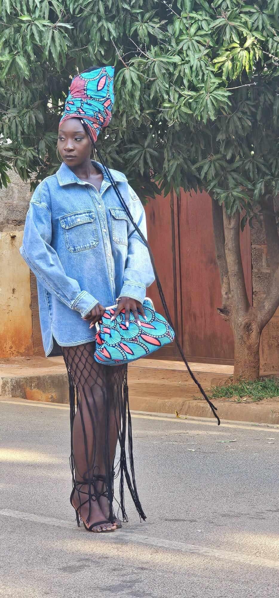 Lulu Blue Pink Ankara African Print Oversized Clutch Bag & Matching Head Scarf - image 5