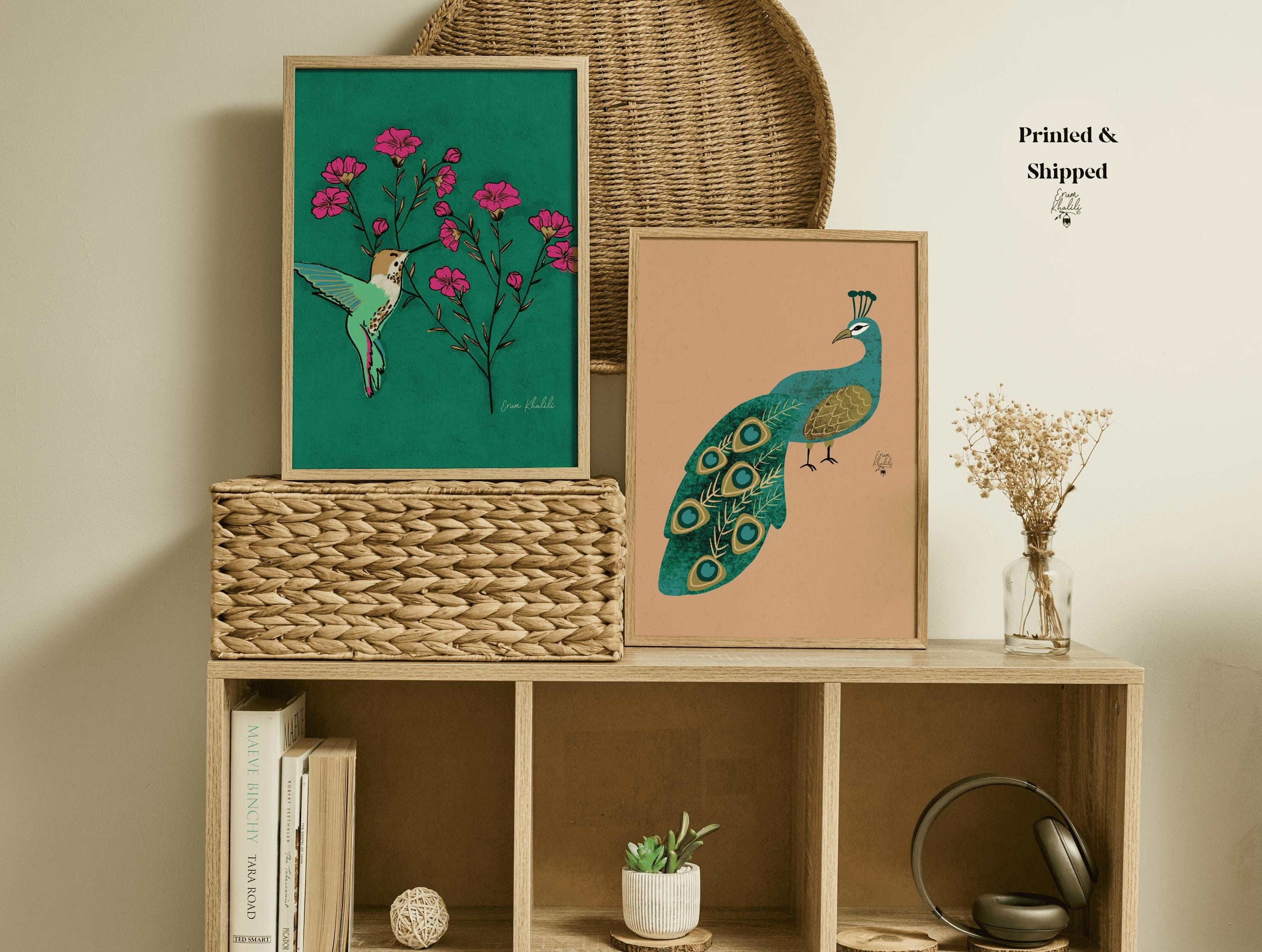 Set of 2 - Peacock and Hummingbird Wall Art Print, Painting, Nature Art, Gallery Wall Art, Animal Artwork, Bird Painting, Modern Wall Decor