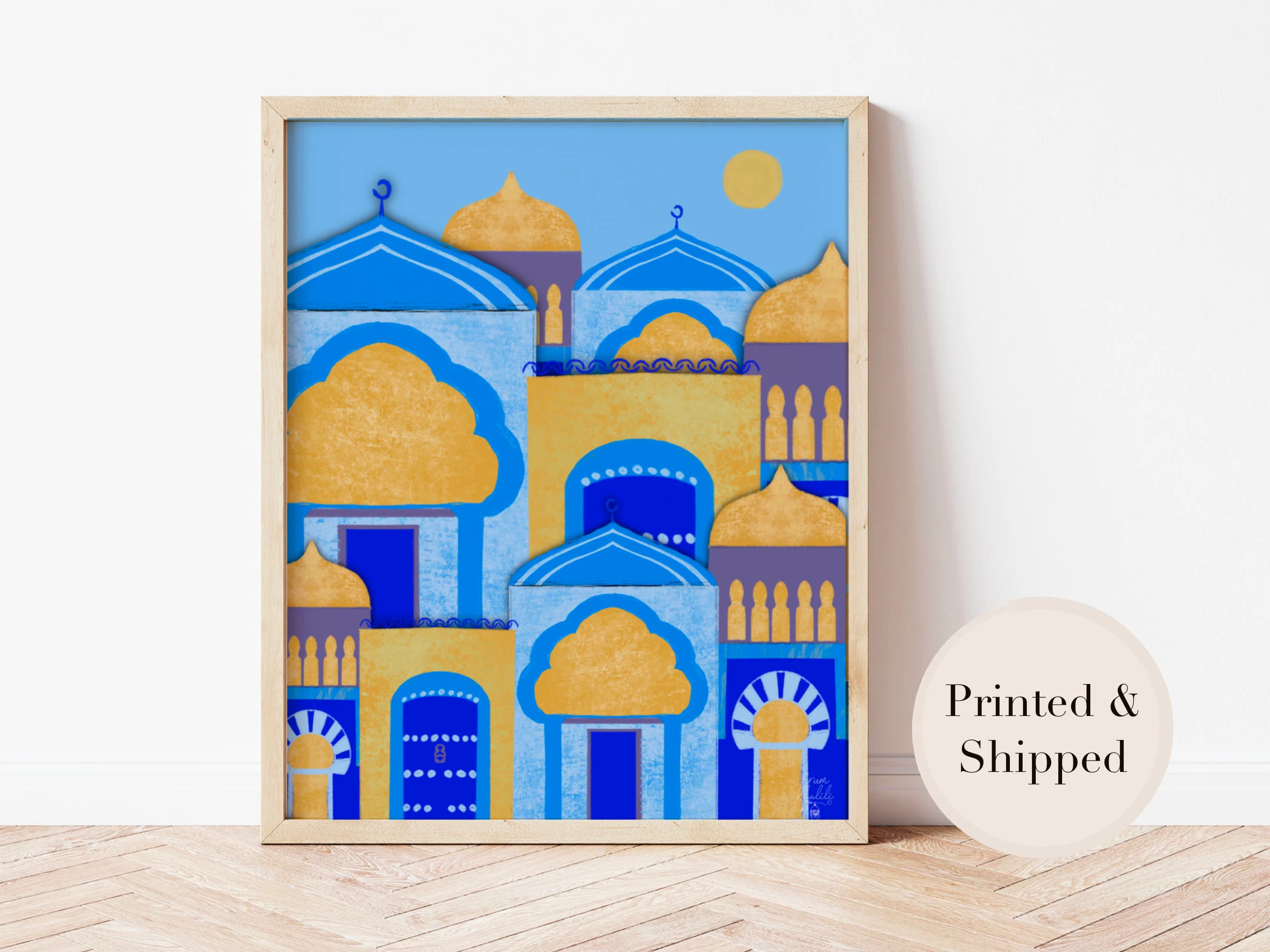 Blue City Morocco Wall Art Print - Giclee Painting | Middle East Artwork | Islamic Art cityscape, architecture, Yellow and Purple kids art.