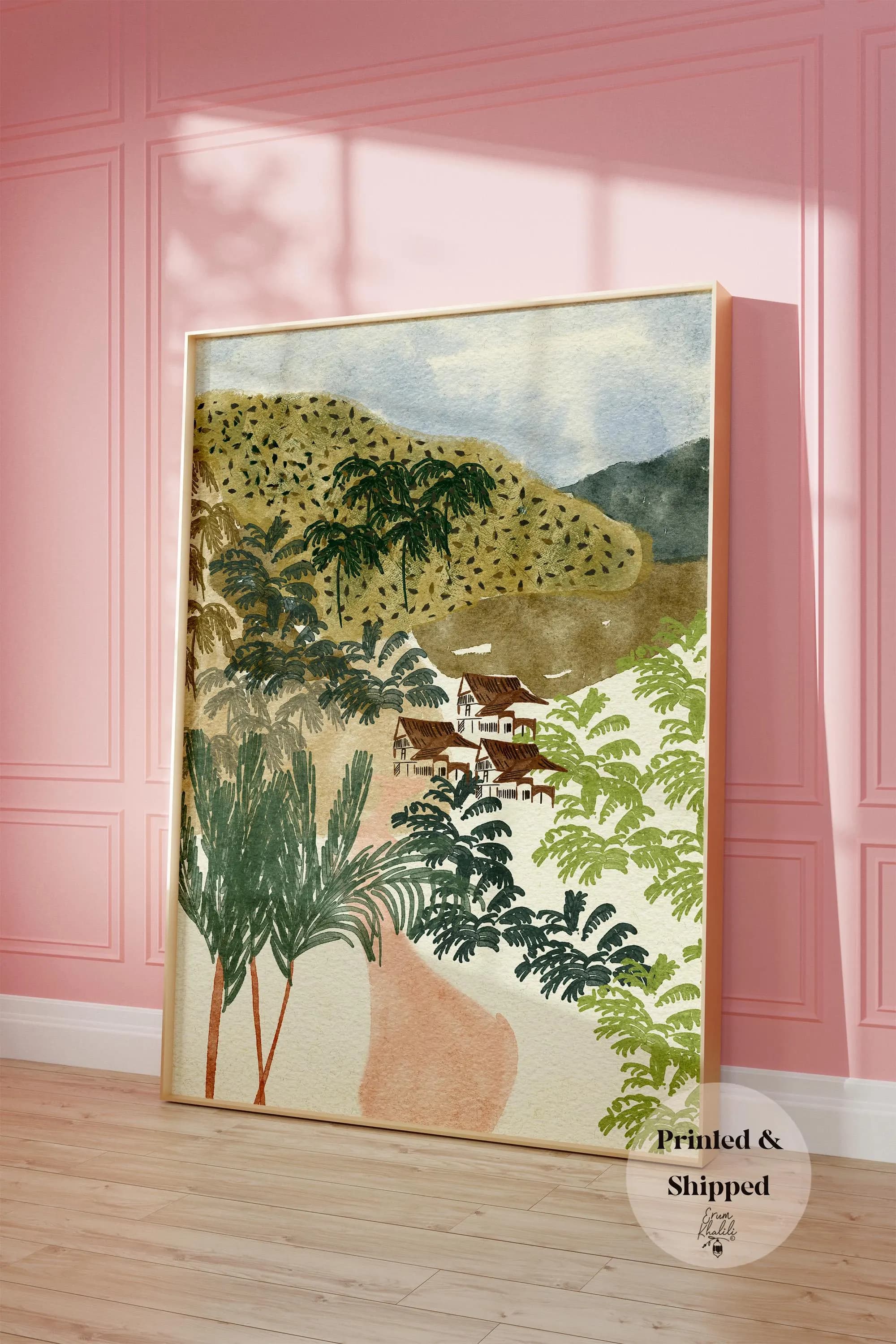 Tropical Watercolor Painting Wall Art, Village Landscape Travel Art Print, Nature Home Decor, Original Painting - image 5