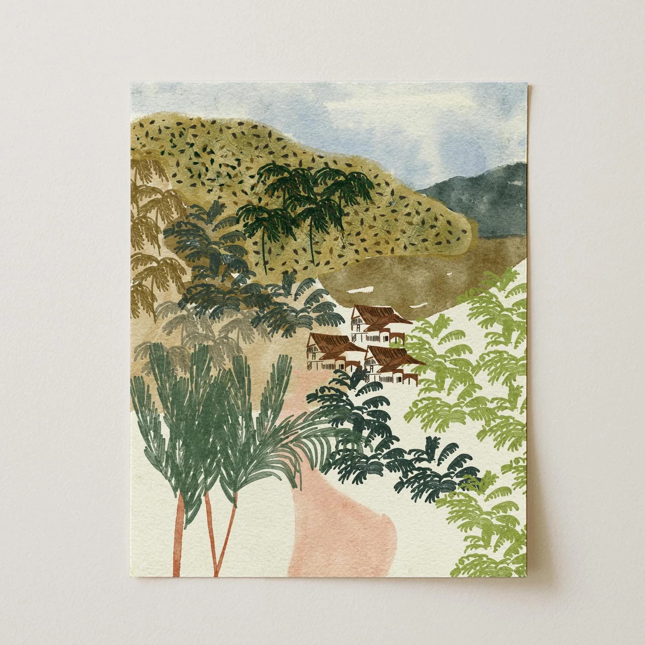 Tropical Watercolor Painting Wall Art, Village Landscape Travel Art Print, Nature Home Decor, Original Painting