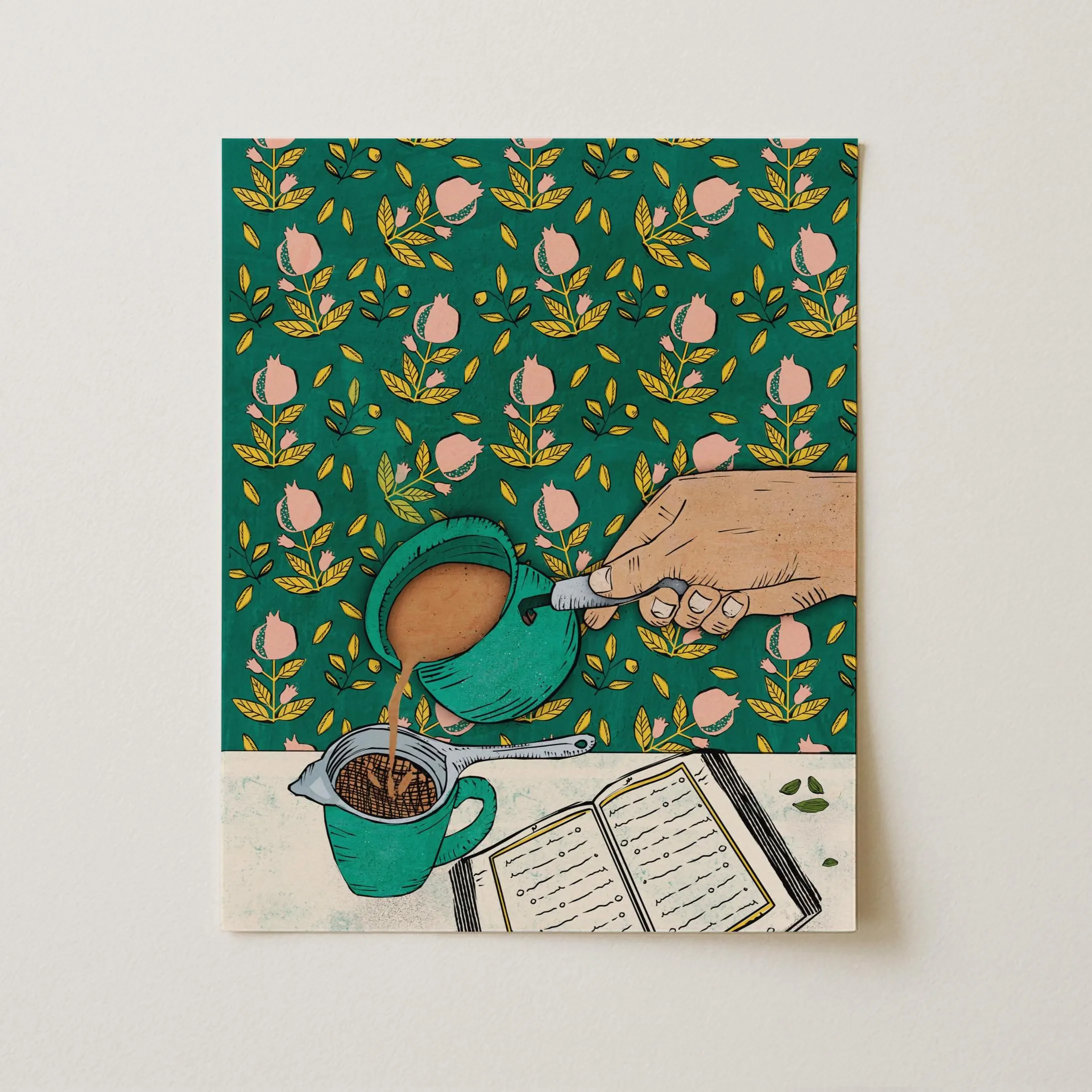Pakistani Chai Wall Art Print, Desi Tea Kitchen Decor, Green Teapot Artwork, Coffee & Tea Lover Gift