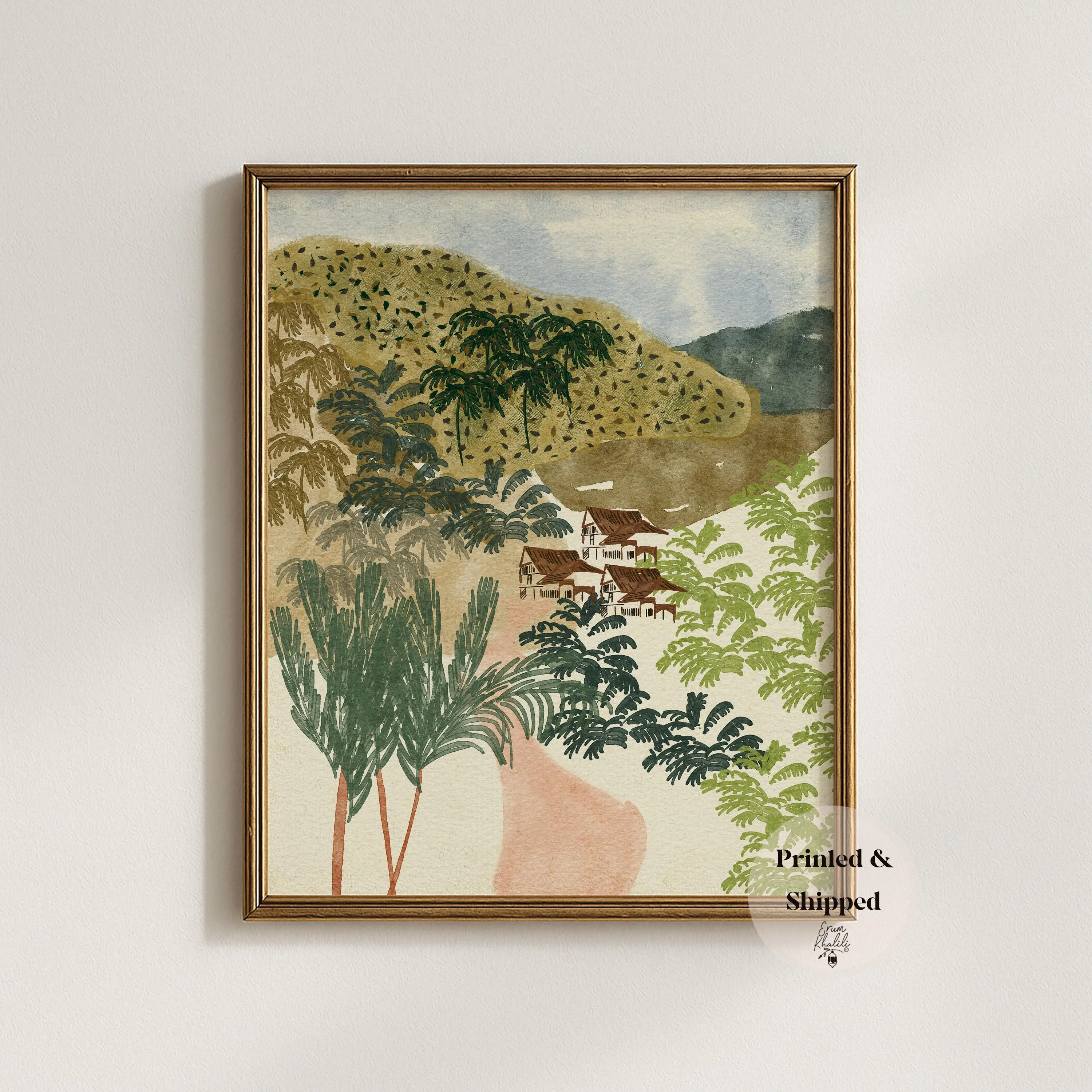 Tropical Watercolor Painting Wall Art, Village Landscape Travel Art Print, Nature Home Decor, Original Painting - image 3