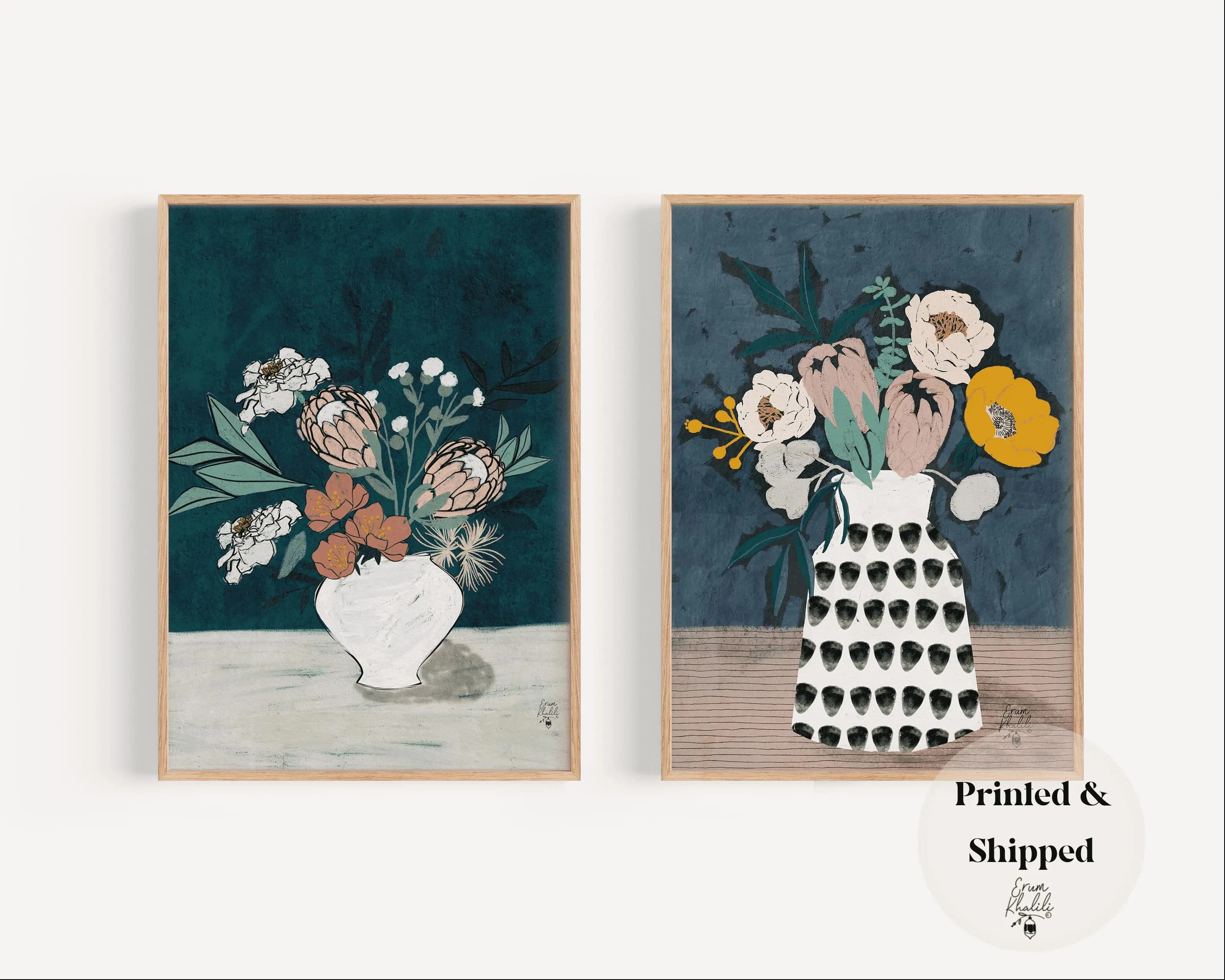 Set of 2 -Floral Artwork, Flower Paintings, Moody Art, Flowers in Vase Drawing, Flower Art Poster, Vintage Wall Art, Protea, Wildflower - image 4
