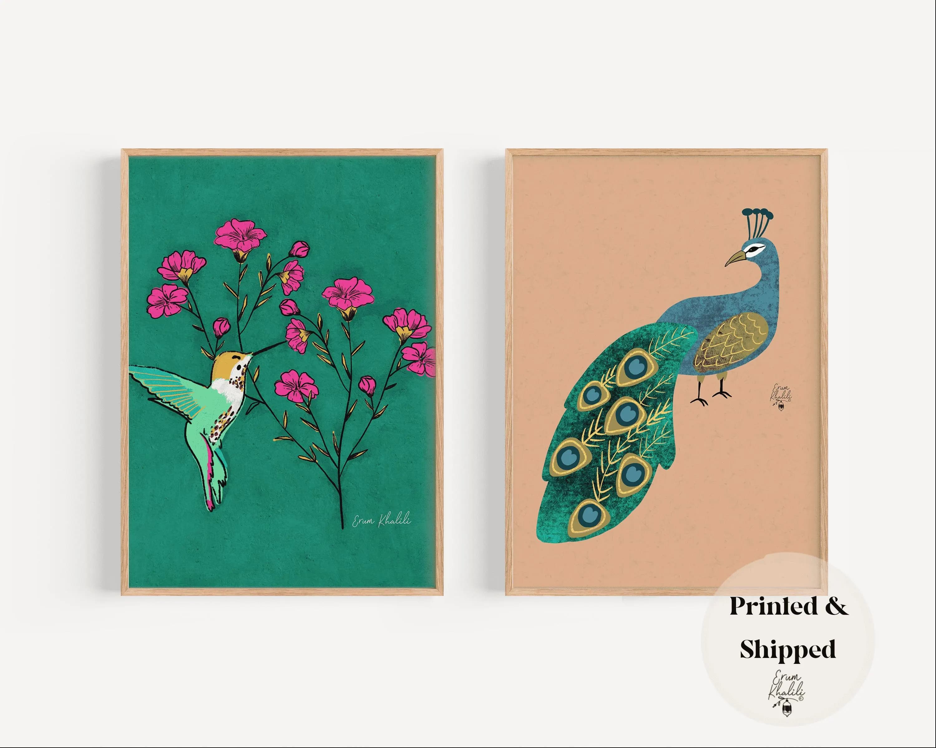 Set of 2 - Peacock and Hummingbird Wall Art Print, Painting, Nature Art, Gallery Wall Art, Animal Artwork, Bird Painting, Modern Wall Decor - image 4
