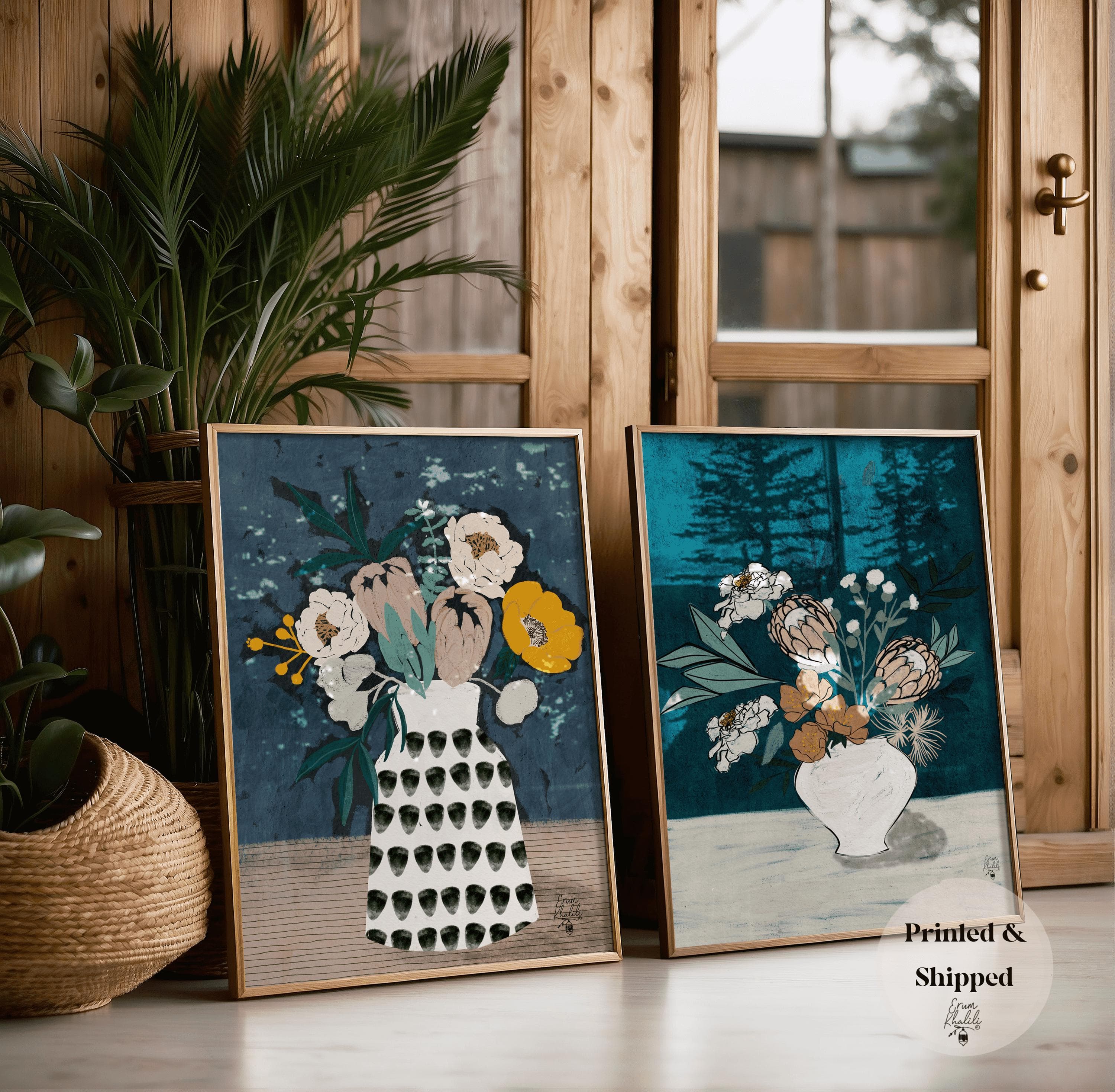 Set of 2 -Floral Artwork, Flower Paintings, Moody Art, Flowers in Vase Drawing, Flower Art Poster, Vintage Wall Art, Protea, Wildflower