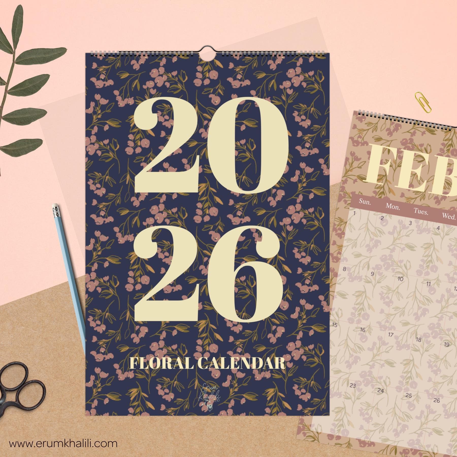 Floral Hanging Wall Calendar 2026, Original Floral Artwork