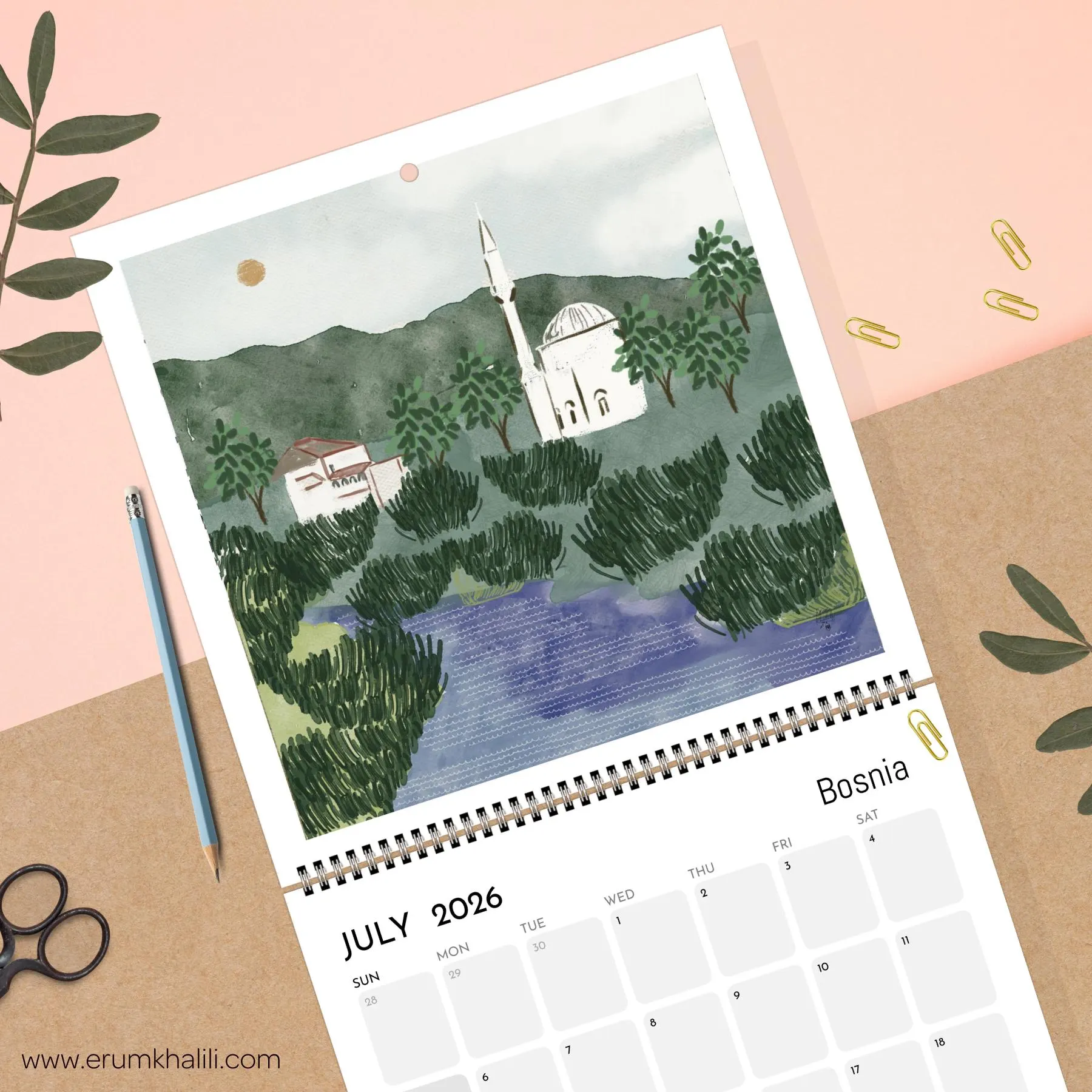 2026 Travel Wall Calendar – Watercolor Countries, Monthly 12-Month Illustrated, Gift & Decor - image 3