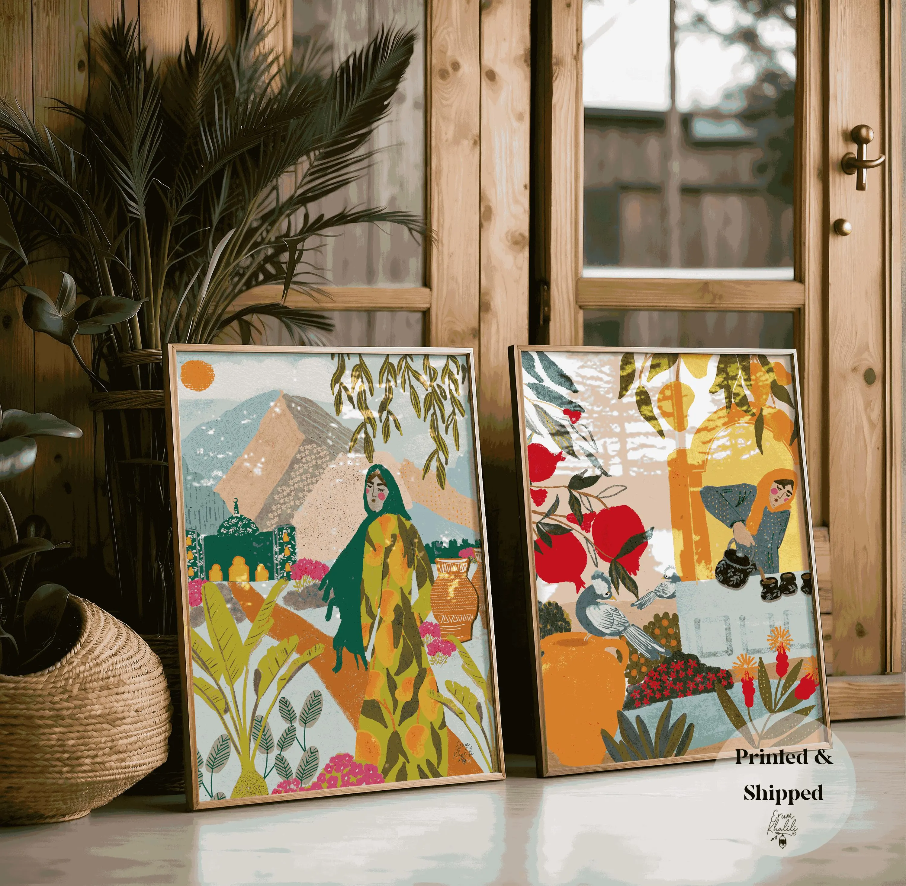 Set of 2 - Indian / Pakistani Artwork, Portrait of a woman, tea garden, chai art, landscape art, colorful, boho print, poster, modern decor