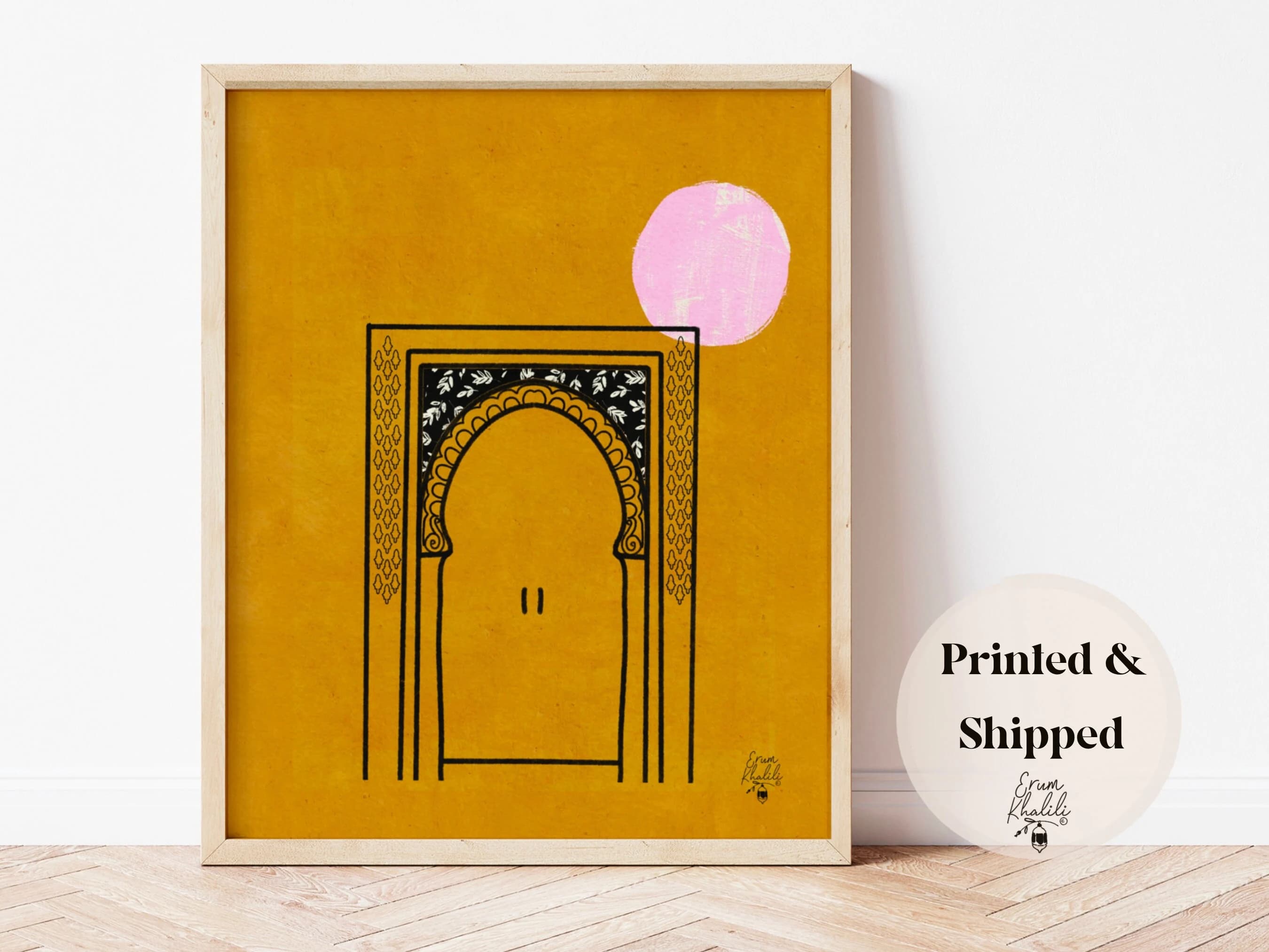 Moroccan door wall art, black ink art, modern and minimal desert sunset art print illustration, sun art, Mediterranean home decor, line art