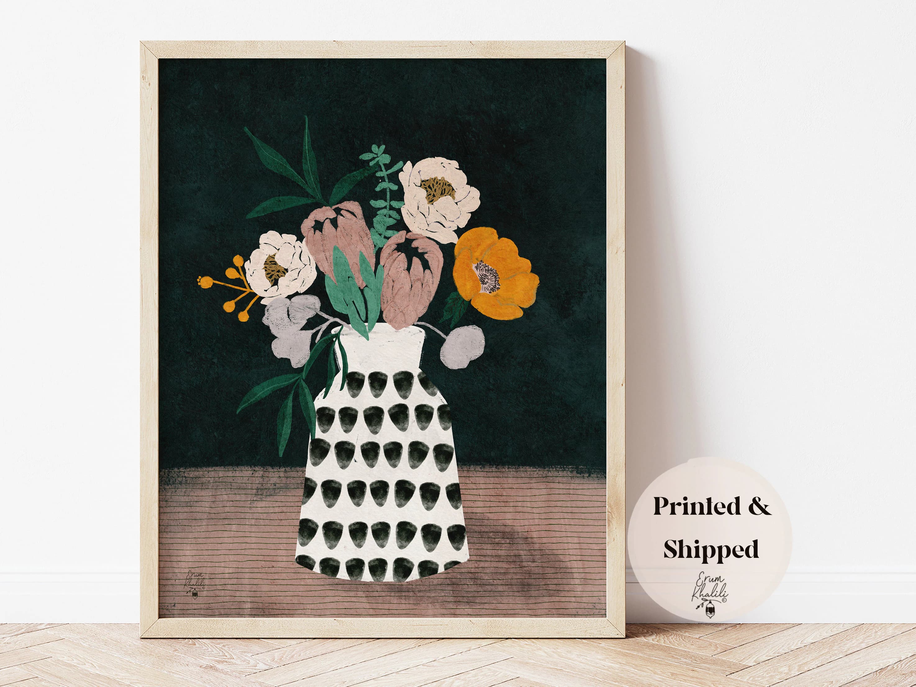 Moody modern flowers in vase, art print, giclee printed, wall art, wall hanging, eclectic art, painting, botanical floral design, wildflower
