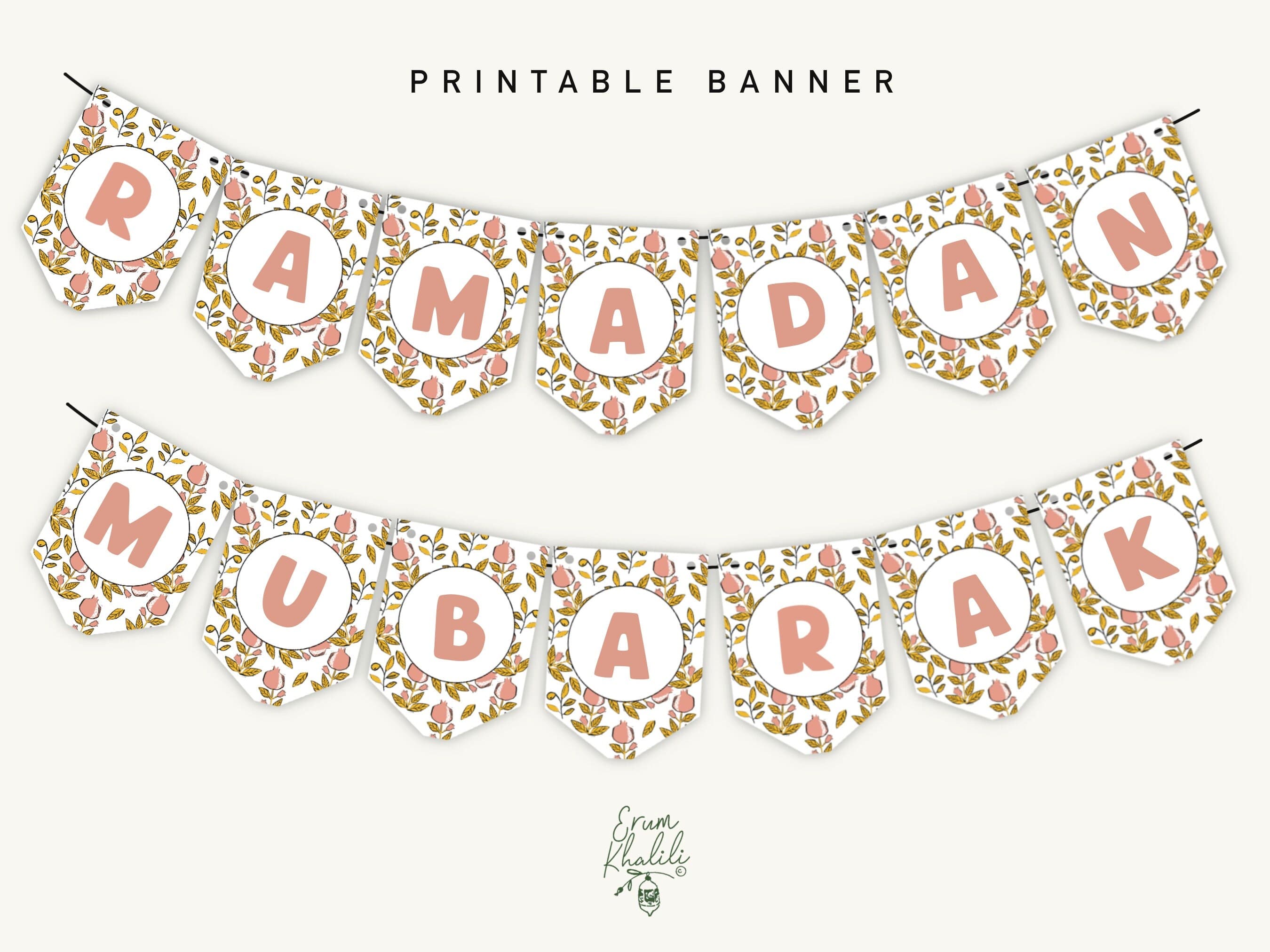 Dual Ramadan and Eid Mubarak Banner printable, Ramadan Mubarak Banner digital download, party decor, pomegranate, olive, floral, design, kid
