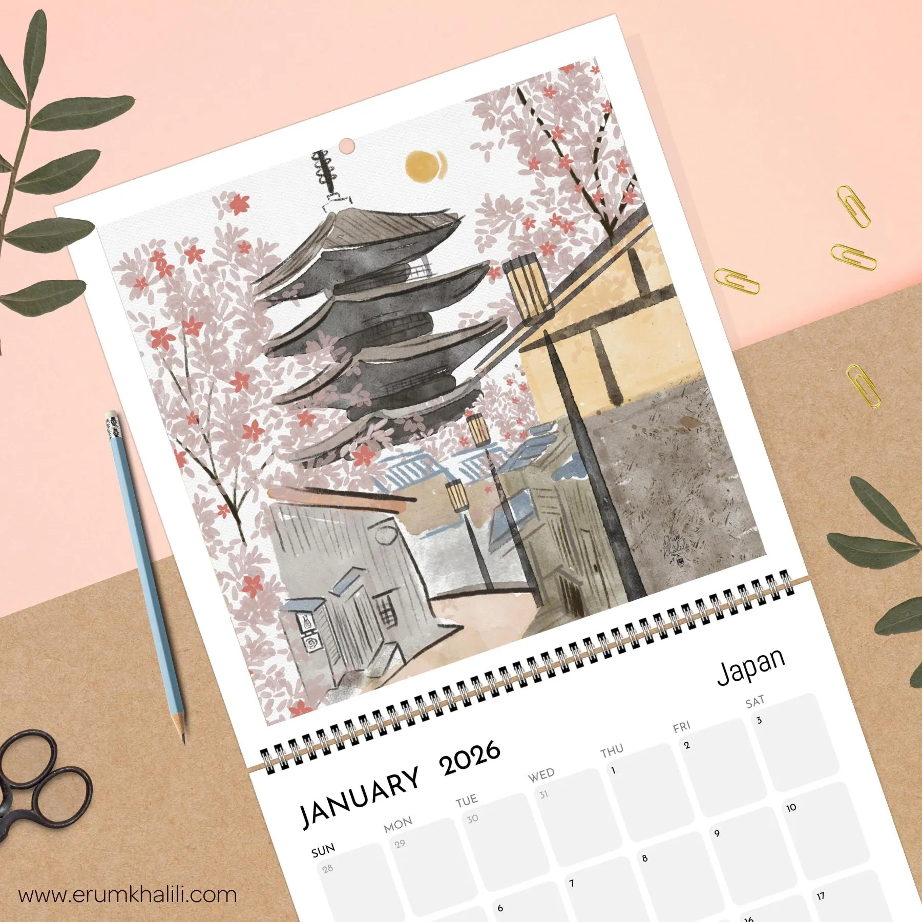 2026 Travel Wall Calendar – Watercolor Countries, Monthly 12-Month Illustrated, Gift & Decor