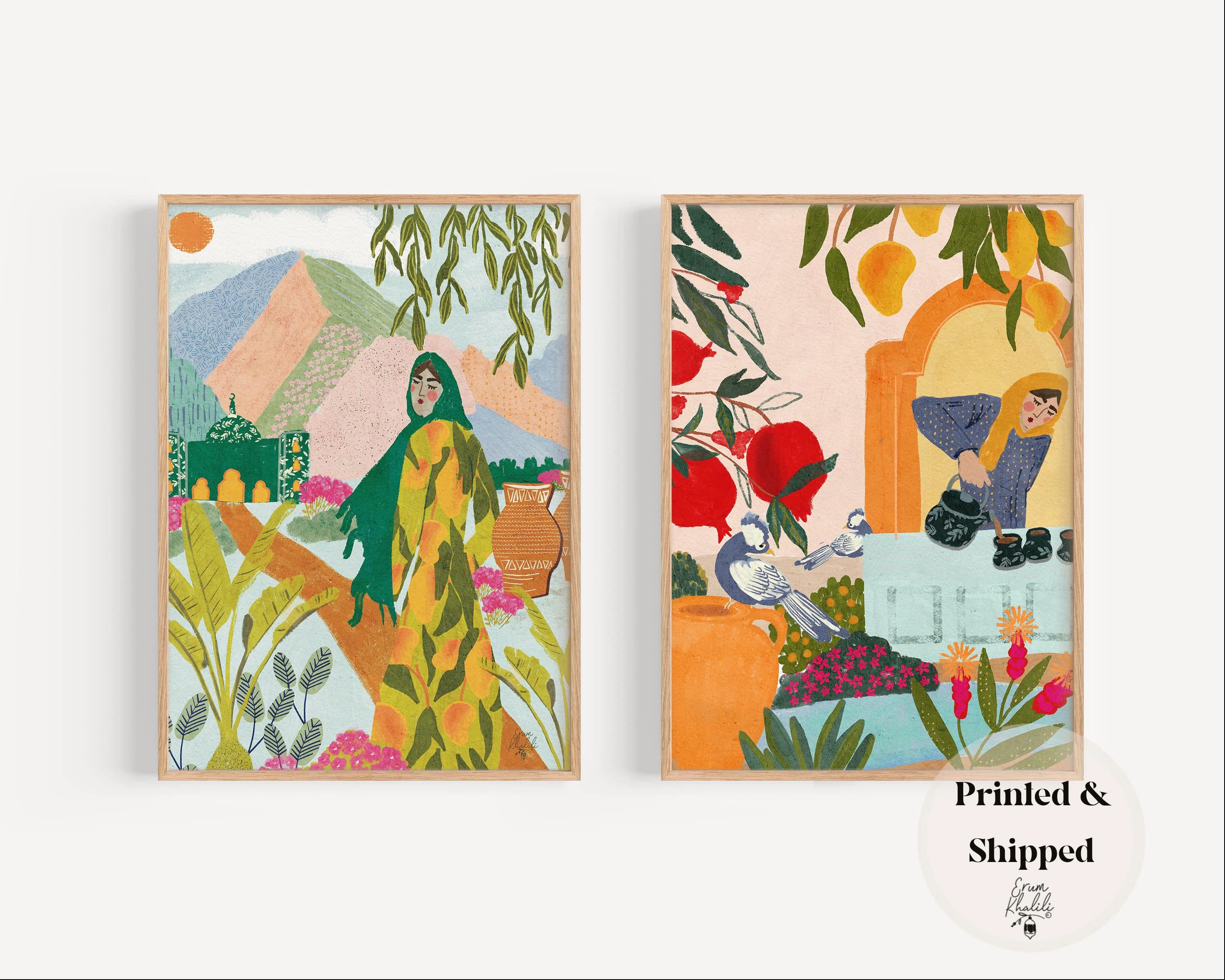 Set of 2 - Indian / Pakistani Artwork, Portrait of a woman, tea garden, chai art, landscape art, colorful, boho print, poster, modern decor