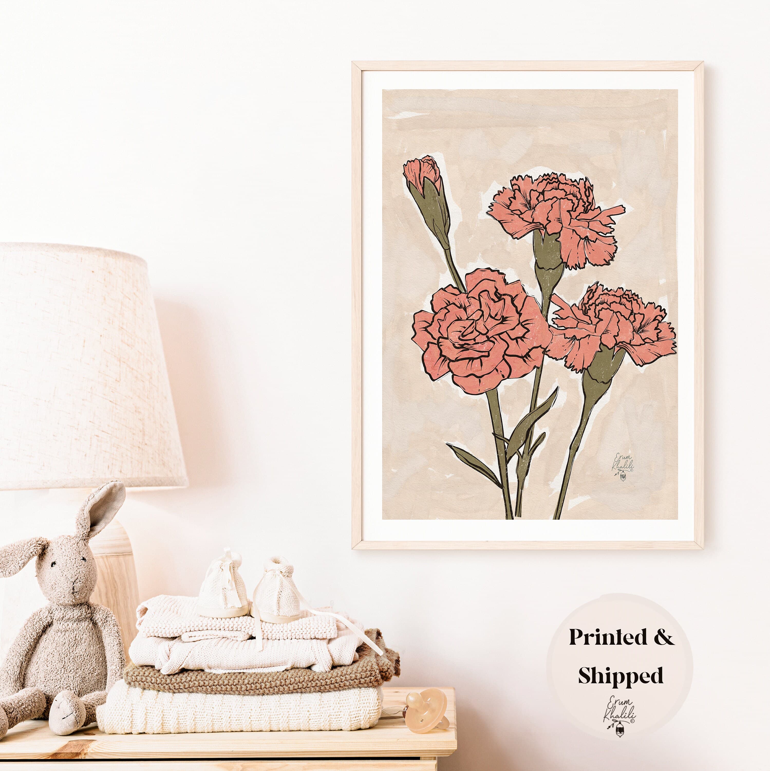 Carnation Flower Painting January Birth Month Flower Print, Birth Flower Family Bouquet, Mothers Day Gift, Nursery art flowers