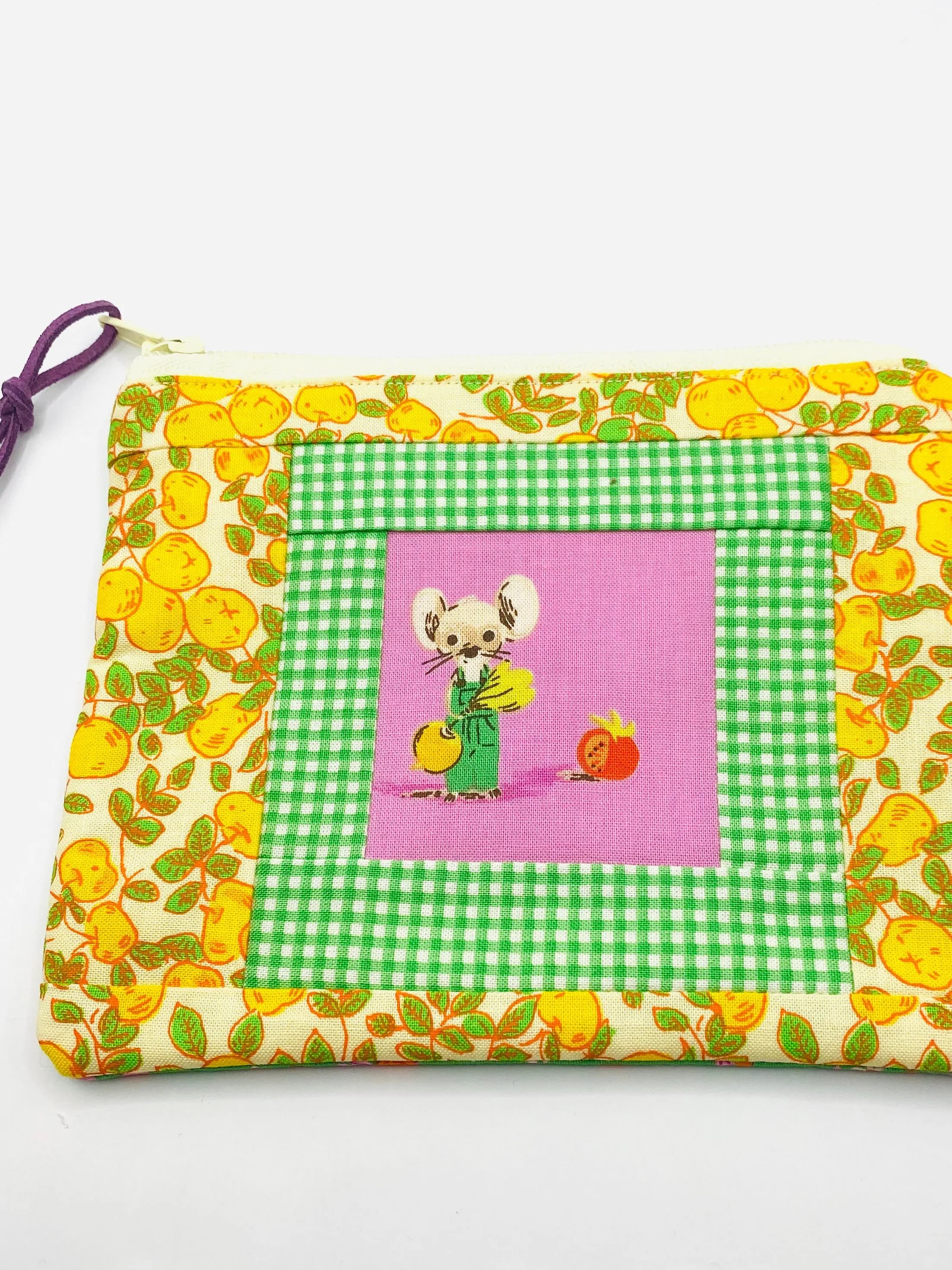 Heather Ross Patchwork Zipper Pouch - Country Mouse with Tomato (yellow apples)