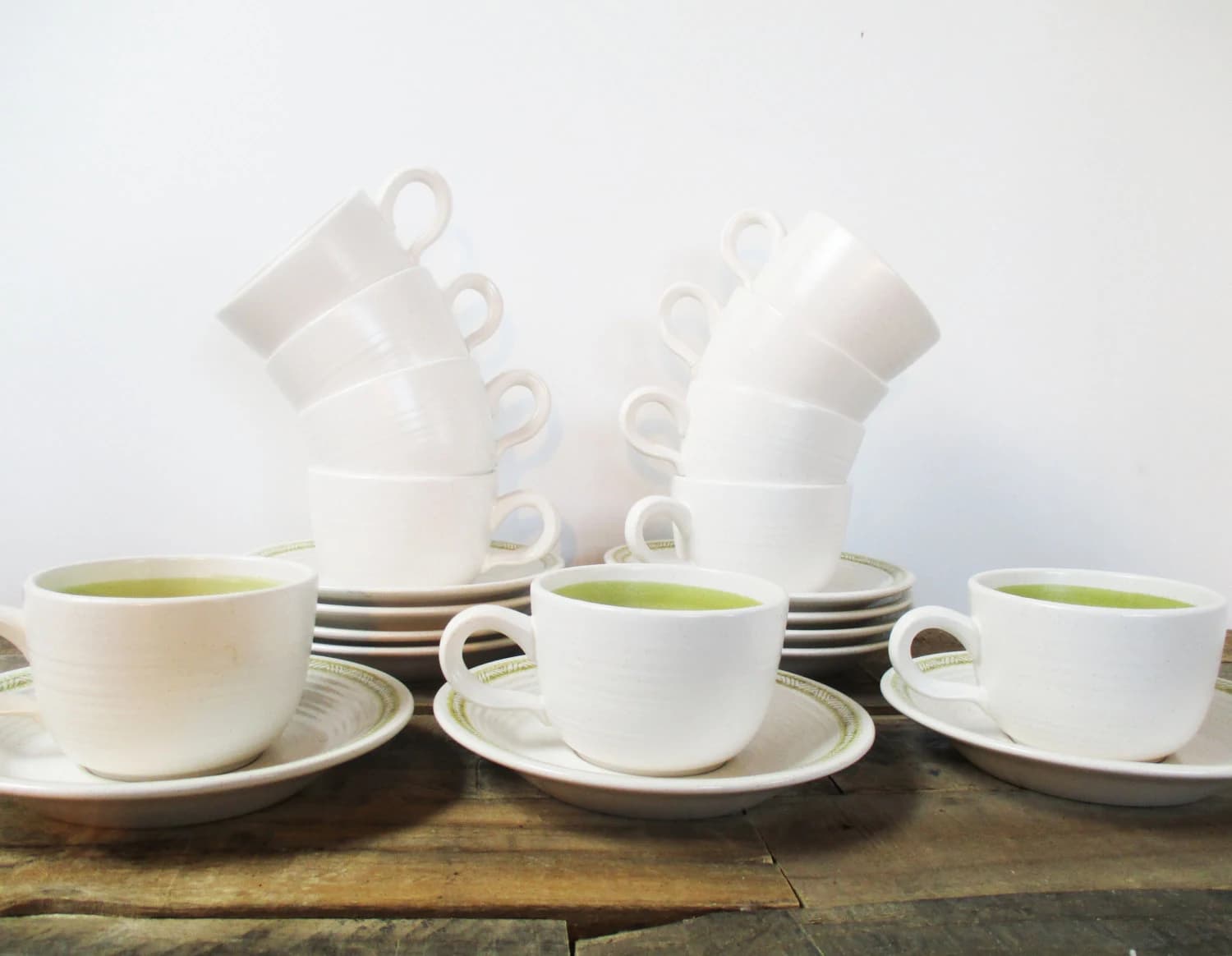 Set of 22 Franciscan Green Hacienda Stoneware Saucers and Mugs. Mid-Century Lime Green and Cream Stoneware Tea or Coffee Set - 11 settings! - image 5
