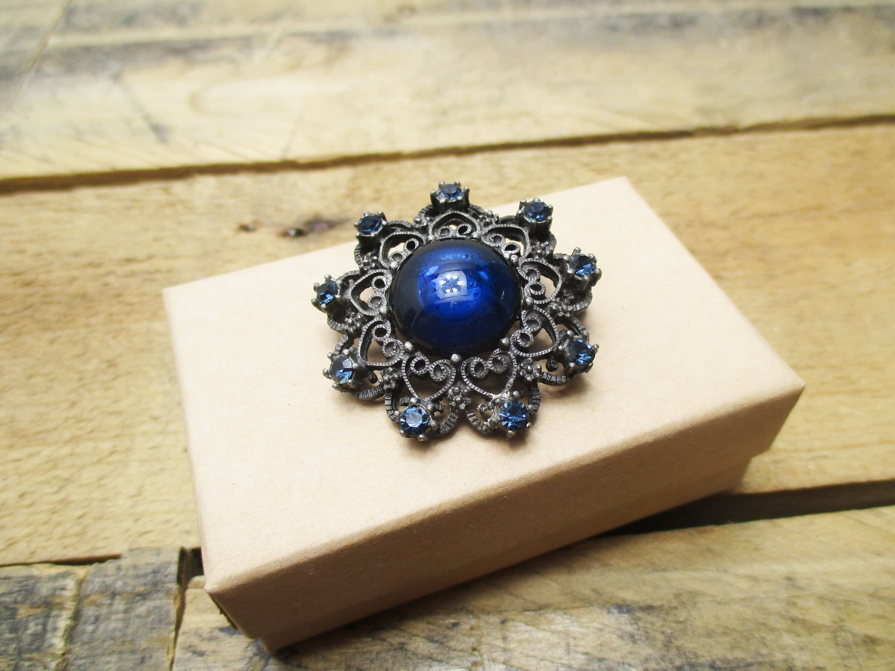 Beautiful Antique Brooch with Blue Cabochon Glass Stone and Blue Rhinestones. Perfect Way to Dress Up a Holiday Outfit!