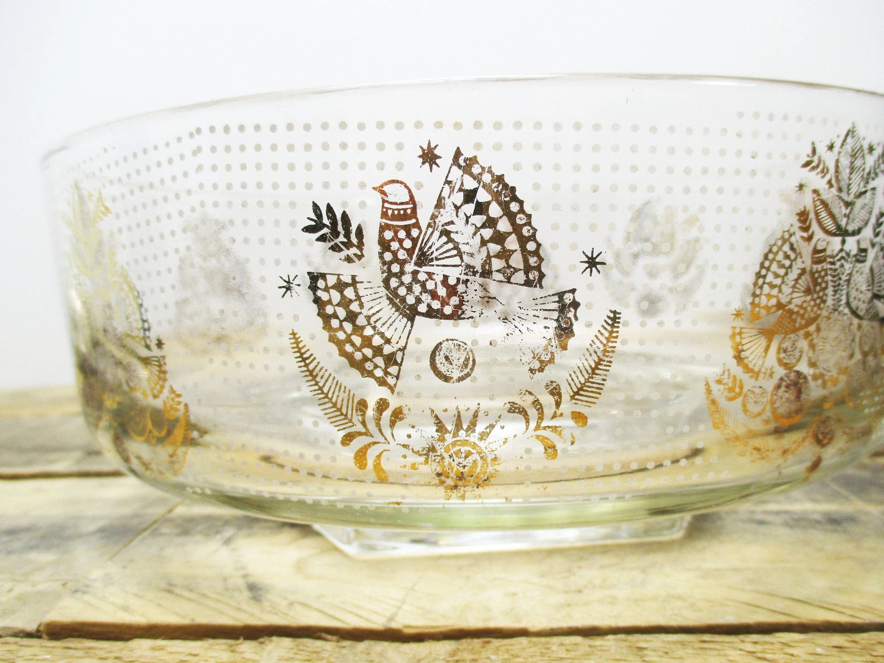 Vintage Mid-Century Serving Bowl by Georges Briard - 'Birds of Happiness' - Gold Birds / Peacocks and White Polka Dots. - image 3