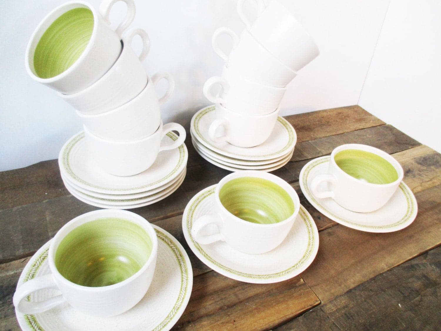 Set of 22 Franciscan Green Hacienda Stoneware Saucers and Mugs. Mid-Century Lime Green and Cream Stoneware Tea or Coffee Set - 11 settings!