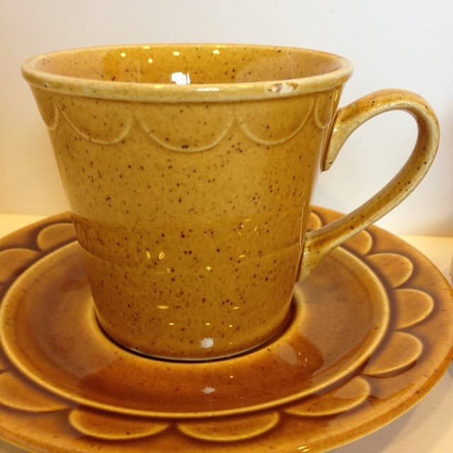 Pair of Homer Laughlin Golden Harvest mugs and saucers from the 1960s - fabulous mad men style. - image 5
