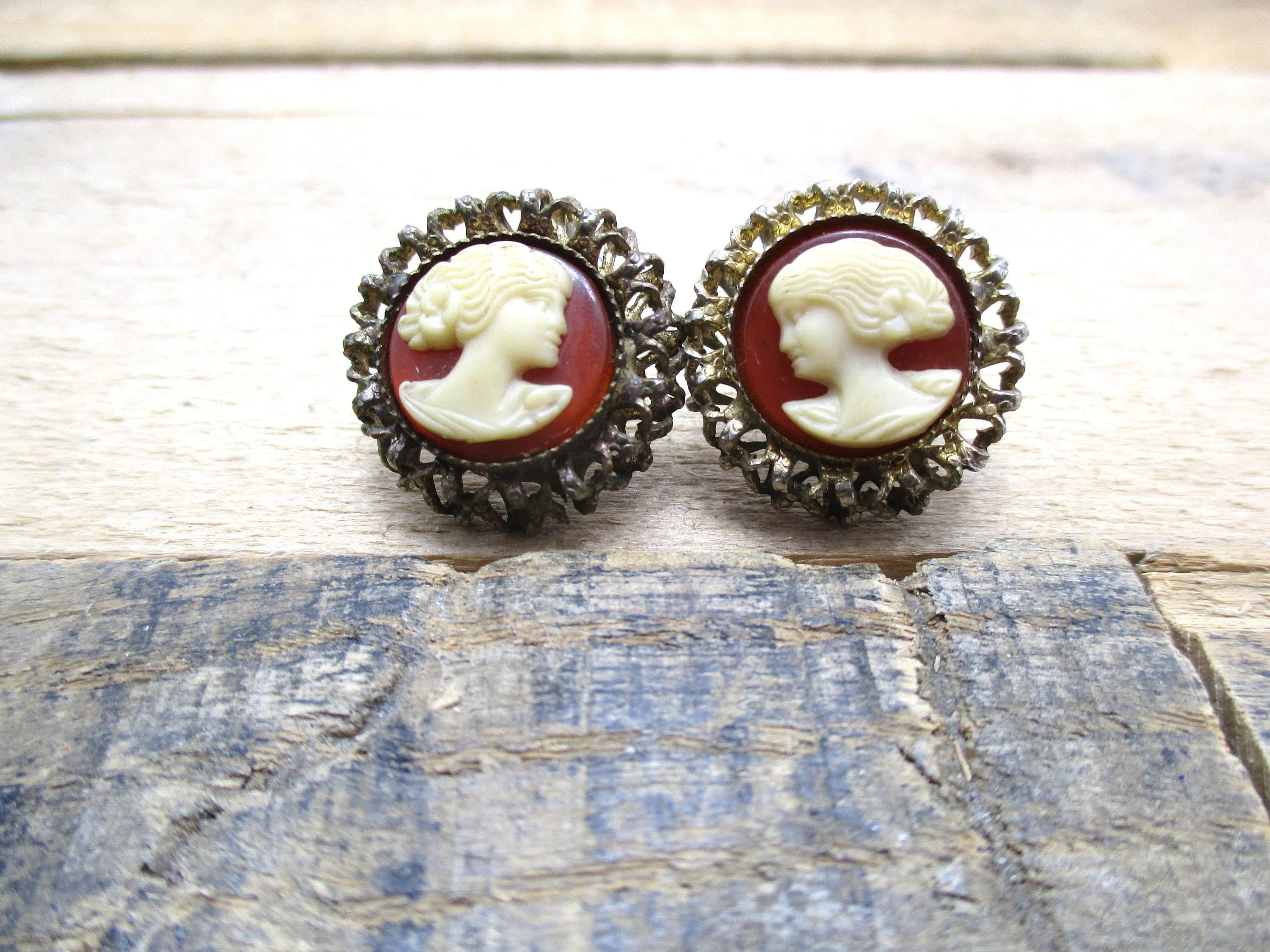 1930s Cameo Earrings - Beautiful Cameos Featuring a Women with a Flower in Her Hair.
