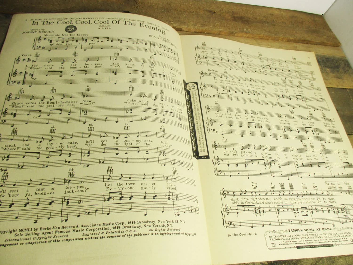 1950's Movie / Soundtrack Sheet Music. 'In The Cool, Cool, Cool of the Evening'. Movie Score from 'Here Comes the Groom' with Bing Crosby. - image 5