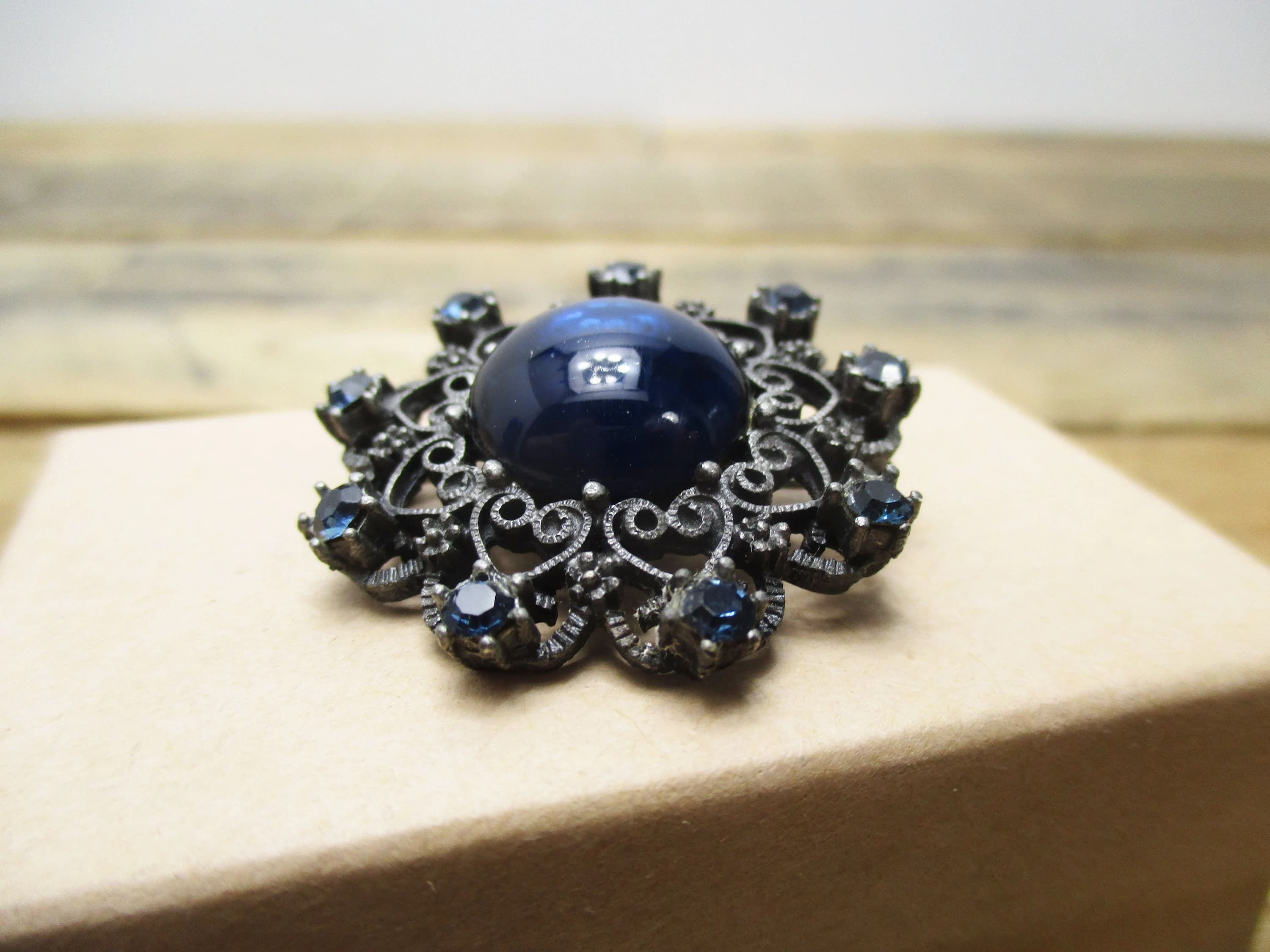 Beautiful Antique Brooch with Blue Cabochon Glass Stone and Blue Rhinestones. Perfect Way to Dress Up a Holiday Outfit! - image 3