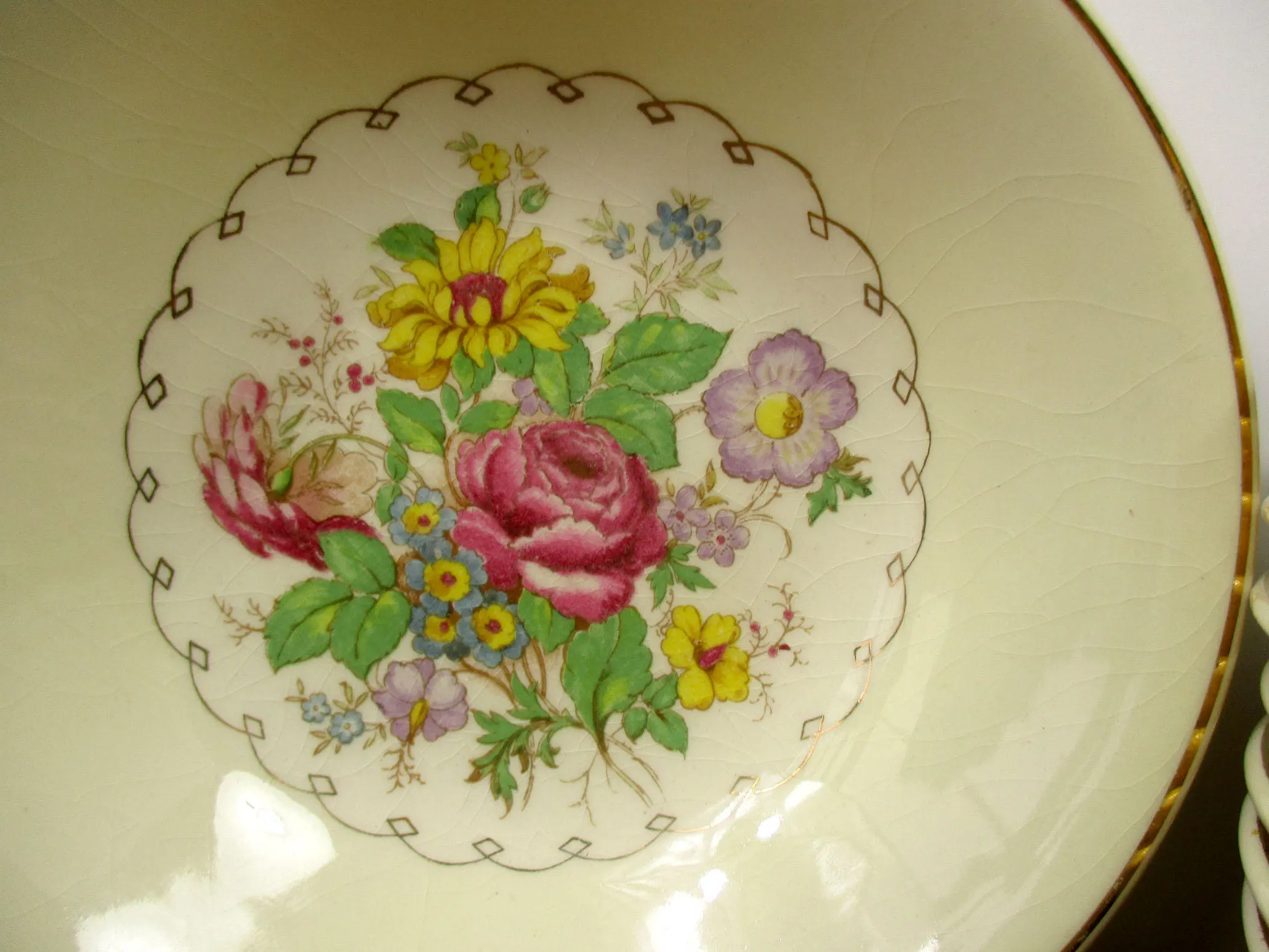 1930s Set of FIVE berry bowls by Paden City Pottery - Gold Trimmed Antique Berry / Sauce Bowls , with Floral Bouquet Center. PCP pattern A42 - image 3