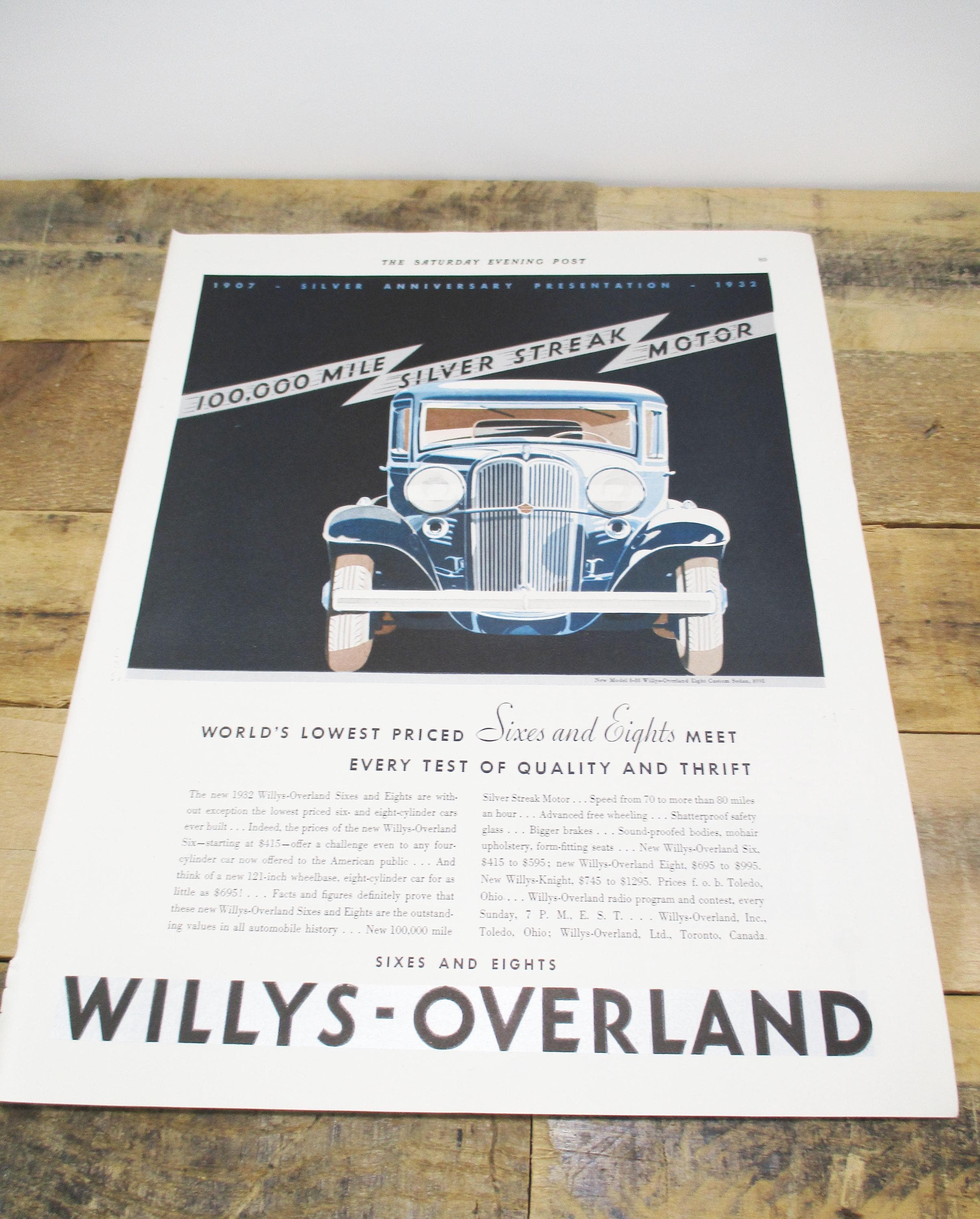 1932 Willys-Overland Vintage Print Ad | 100,000-Mile Silver Streak Motor | Saturday Evening Post