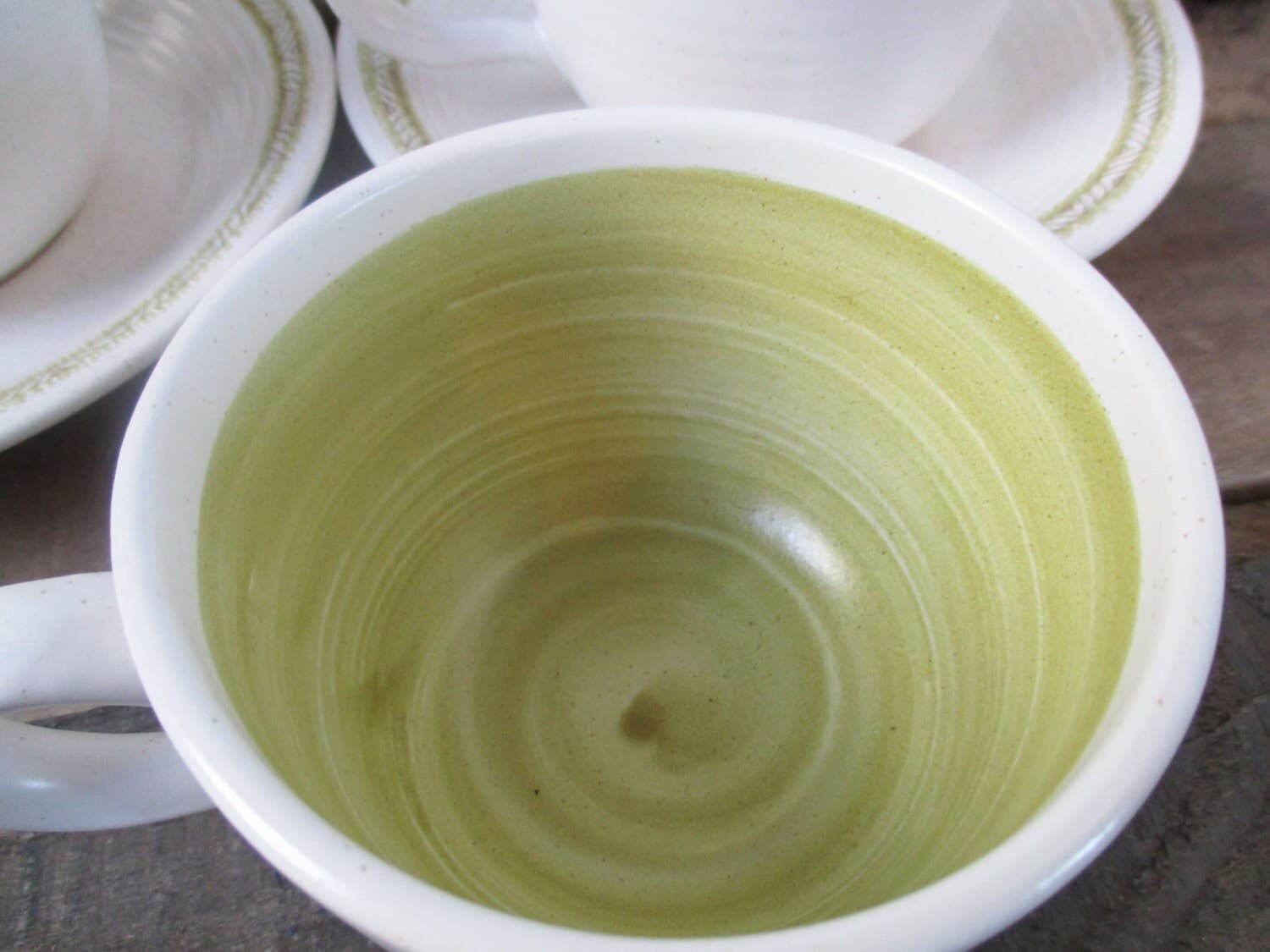 Set of 22 Franciscan Green Hacienda Stoneware Saucers and Mugs. Mid-Century Lime Green and Cream Stoneware Tea or Coffee Set - 11 settings! - image 4