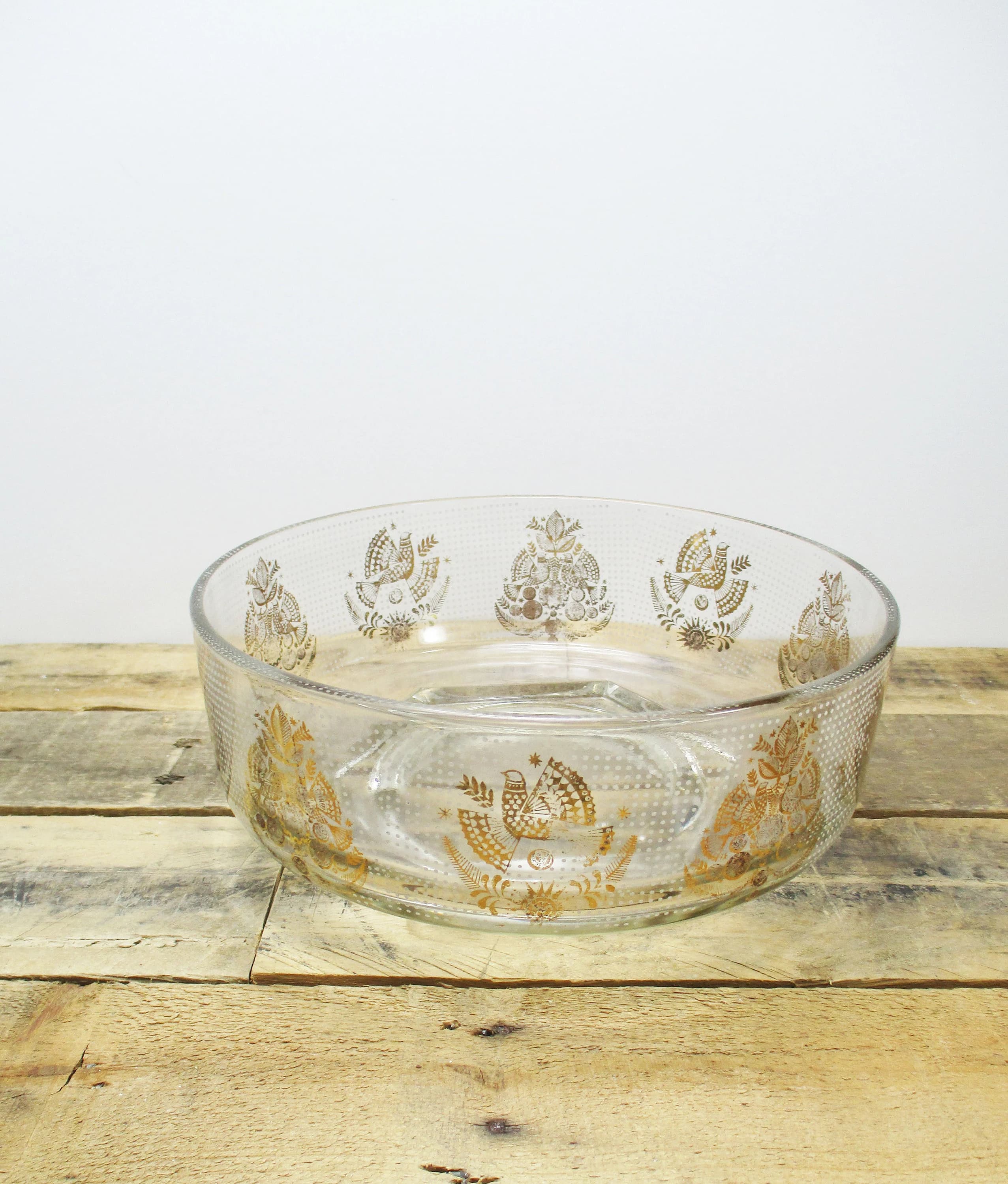 Vintage Mid-Century Serving Bowl by Georges Briard - 'Birds of Happiness' - Gold Birds / Peacocks and White Polka Dots.