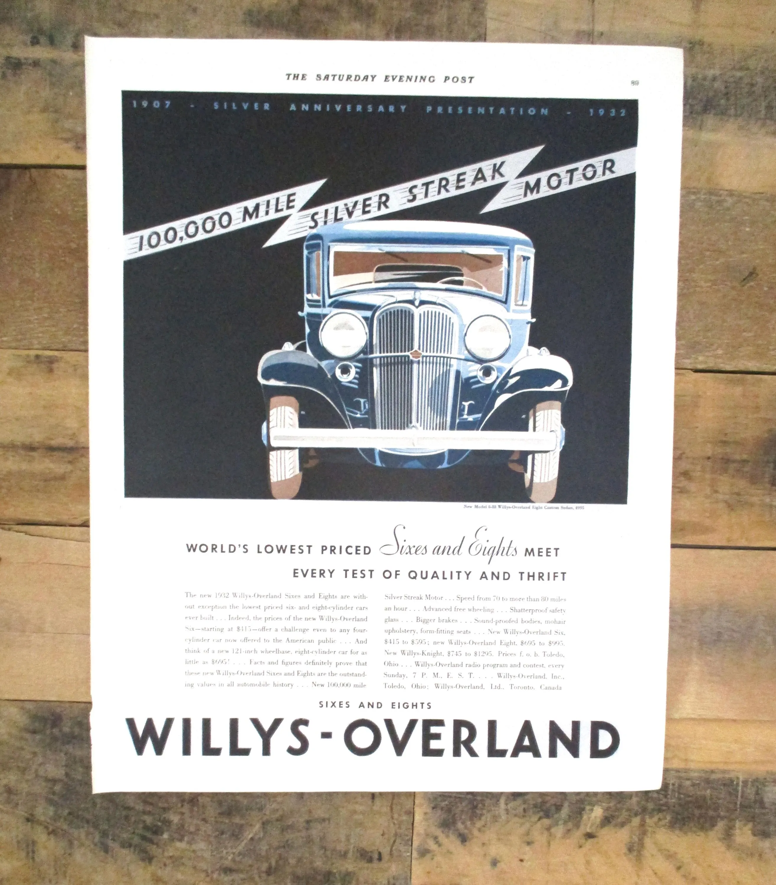 1932 Willys-Overland Vintage Print Ad | 100,000-Mile Silver Streak Motor | Saturday Evening Post - image 3