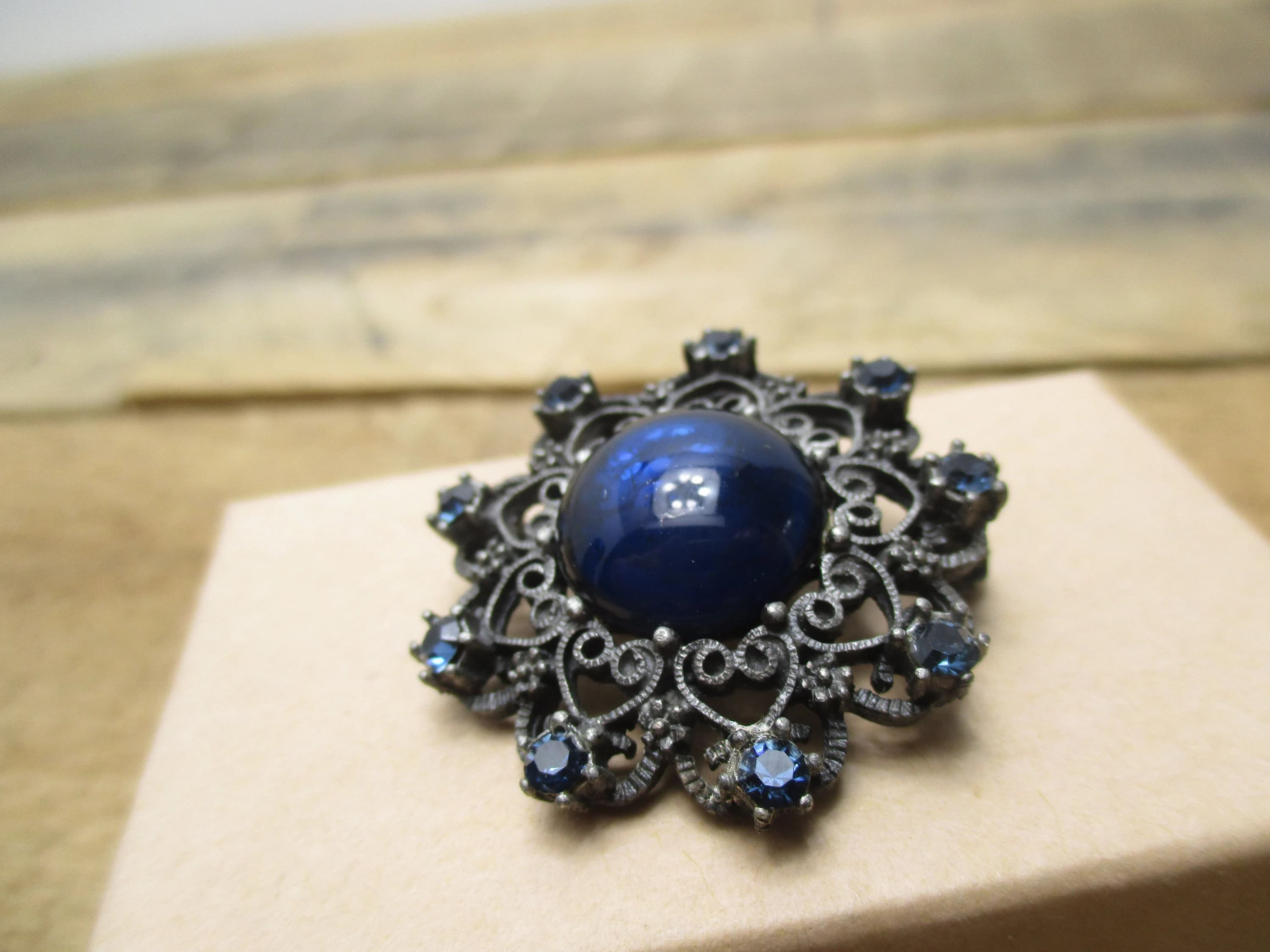 Beautiful Antique Brooch with Blue Cabochon Glass Stone and Blue Rhinestones. Perfect Way to Dress Up a Holiday Outfit! - image 4