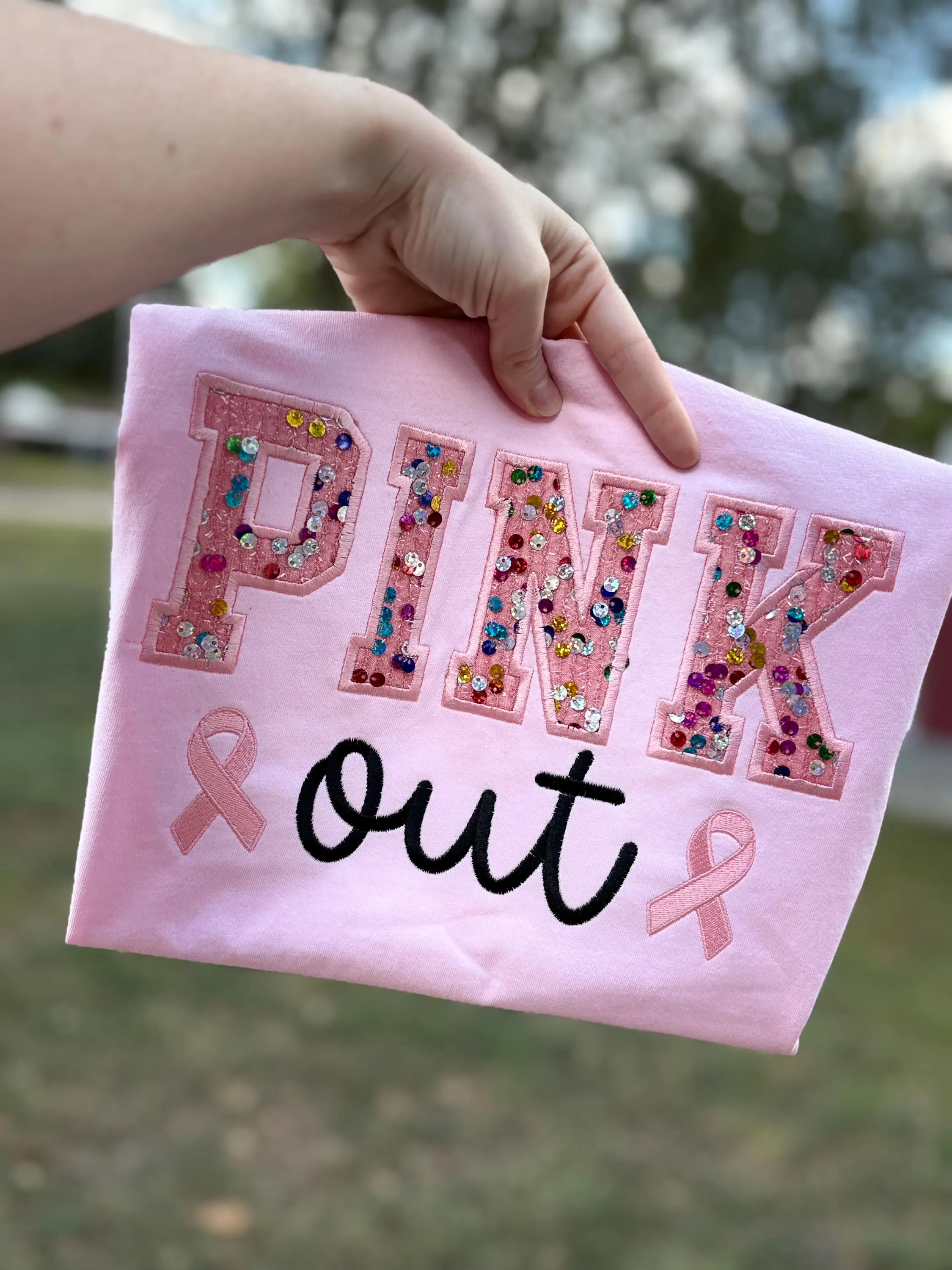 Sparkly Breast Cancer Awareness Shirt | Glitter Embroidered Sequin Pink Out Sweatshirt - image 3