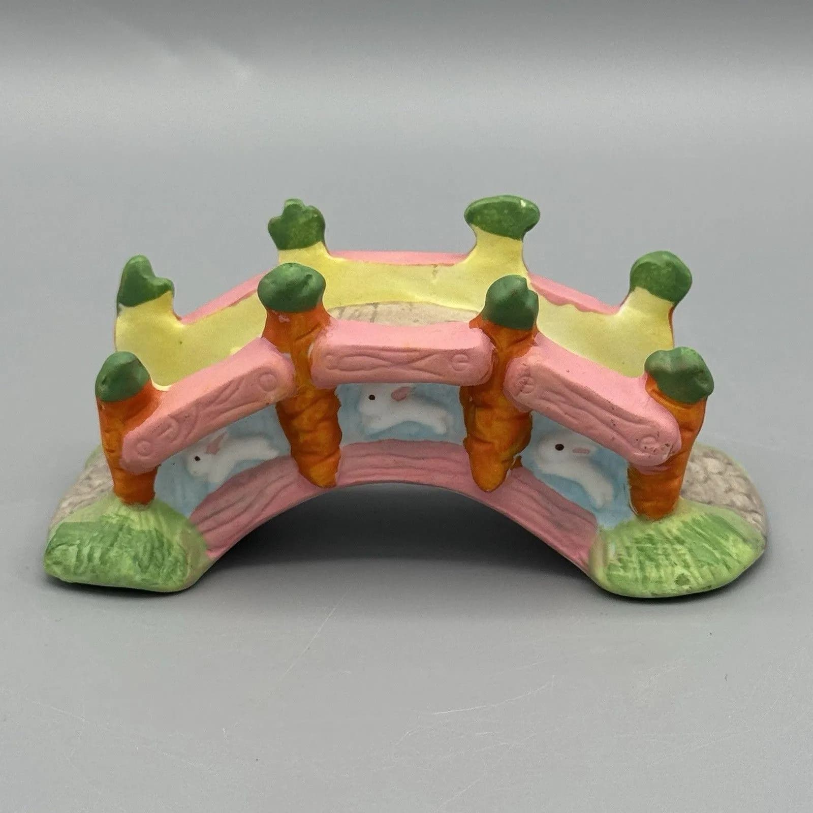 Vintage Easter Ceramic Carrot Bunny Bridge Village Decorations Figurine Rabbits