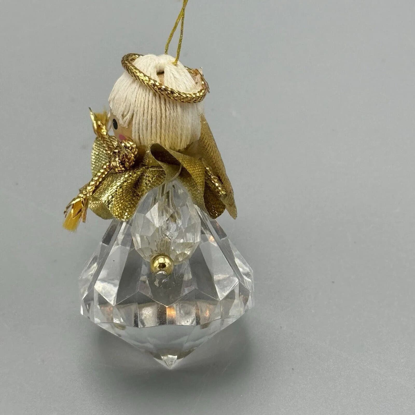 Vtg Teardrop Prism Faceted Christmas Angel Ornament Wood Head Gold Wings Taiwan - image 5