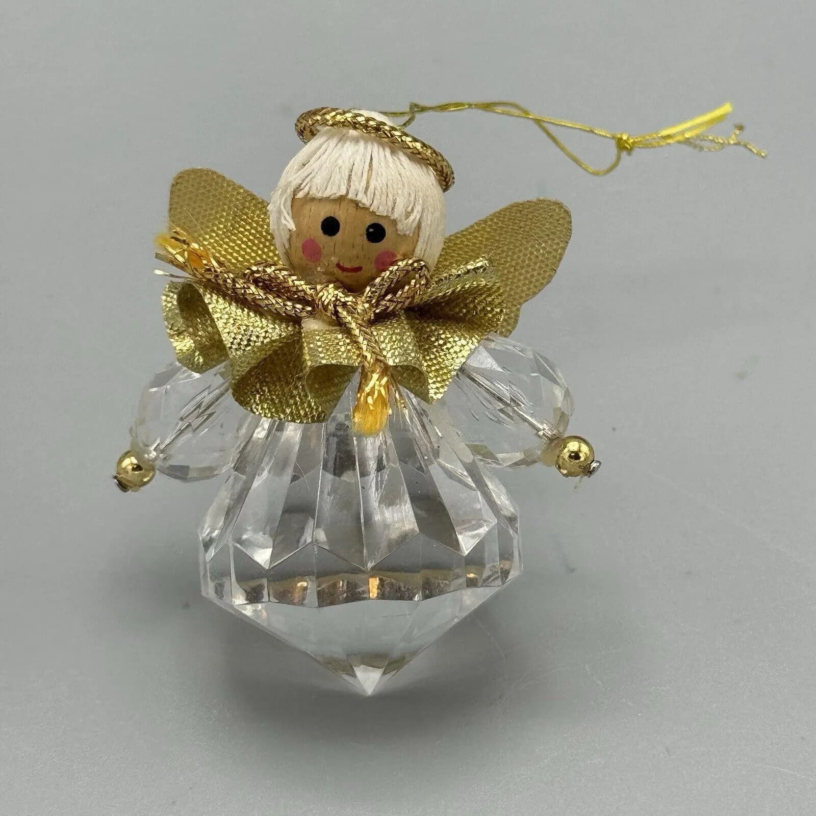 Vtg Teardrop Prism Faceted Christmas Angel Ornament Wood Head Gold Wings Taiwan