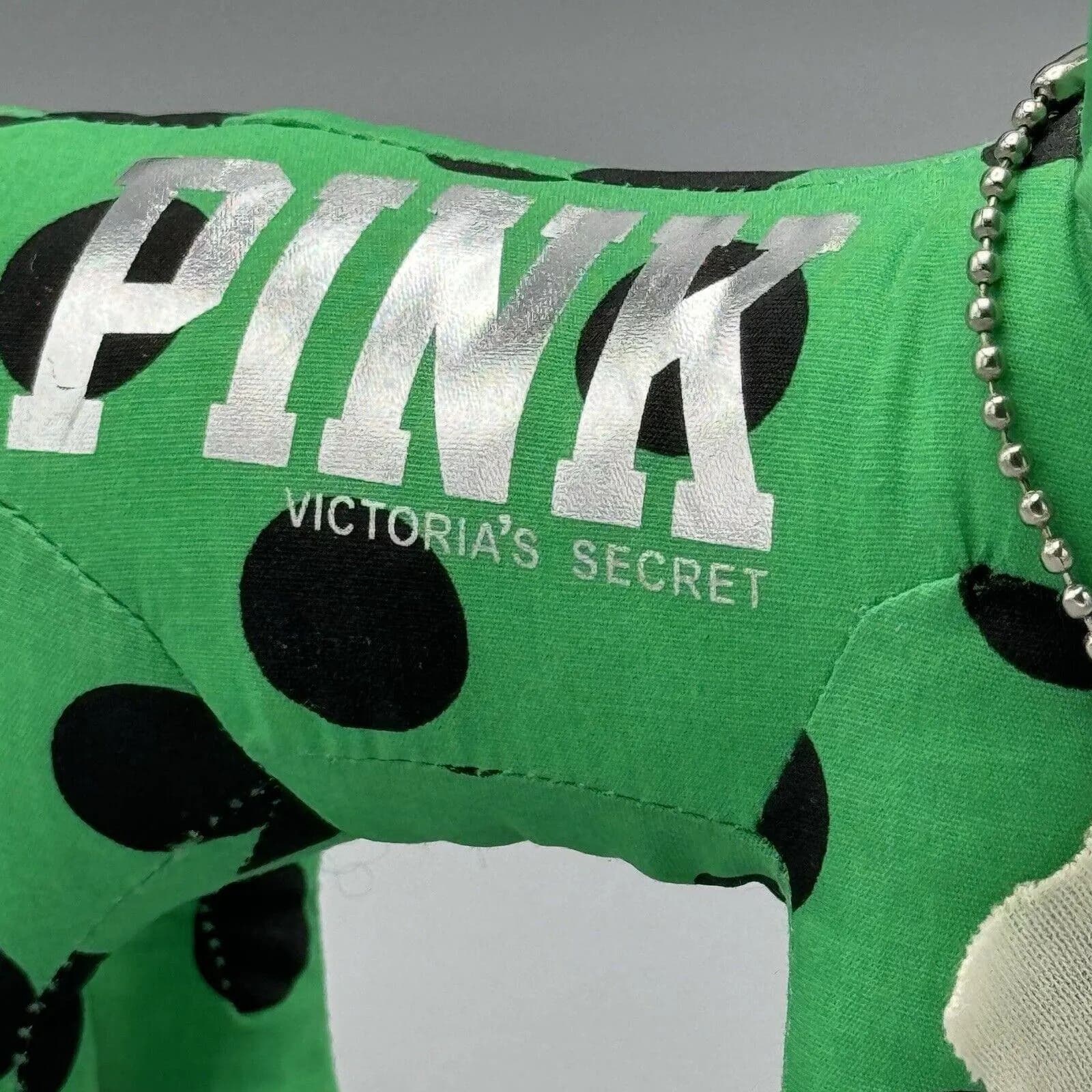 New Victoria's Secret Pink Happy Green Black Spotted Dog Plush Stuffed Animal 8" - image 3