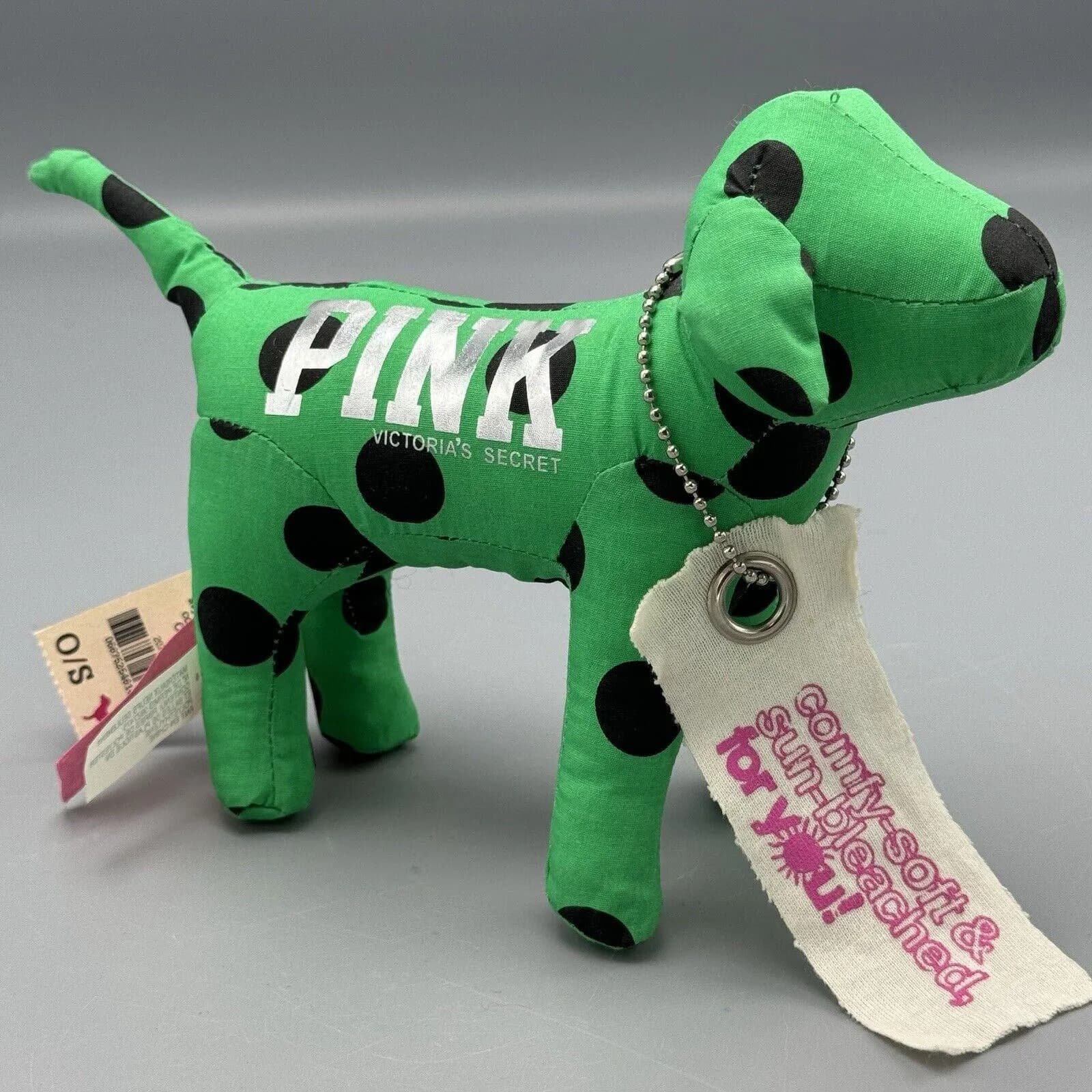New Victoria's Secret Pink Happy Green Black Spotted Dog Plush Stuffed Animal 8"