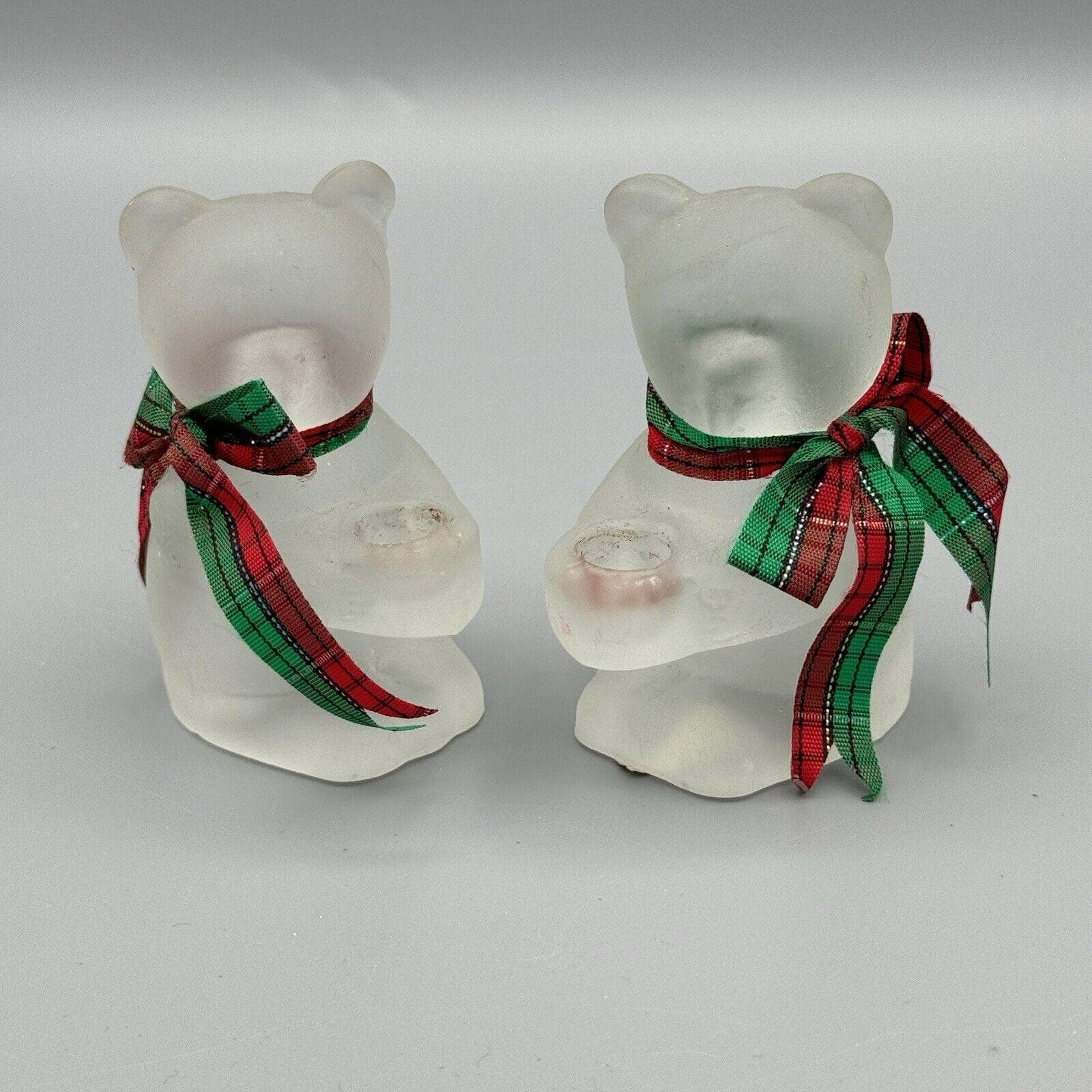 Vintage 2 R O C Frosted Glass Bears w Red Green Plaid Bows Mini Candle Holders