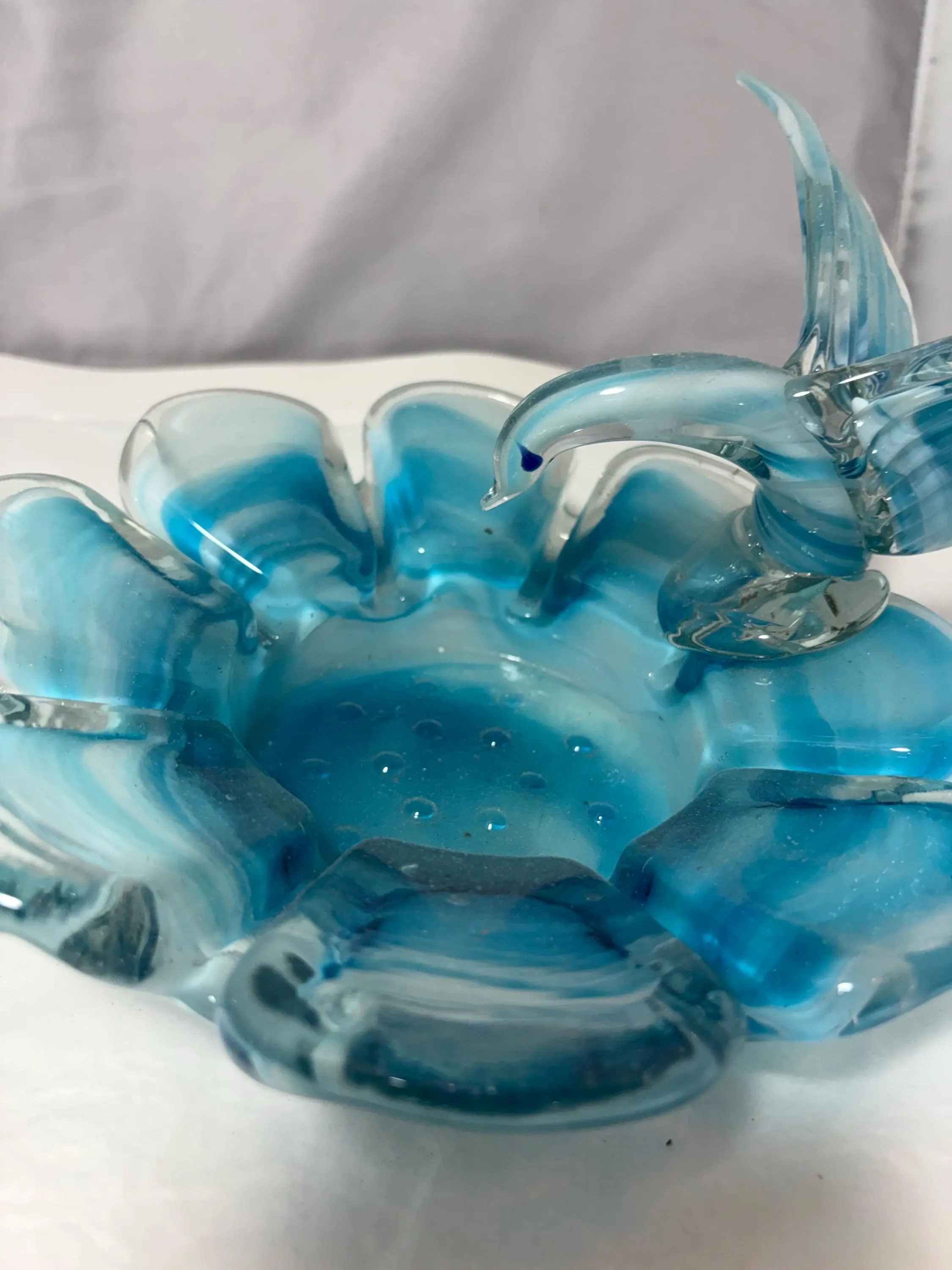 Turquoise Murano Style Glass Bird Dish, vintage Italian art glass, swirl blue white, trinket bowl, ashtray, heavy sculptural decor - image 4
